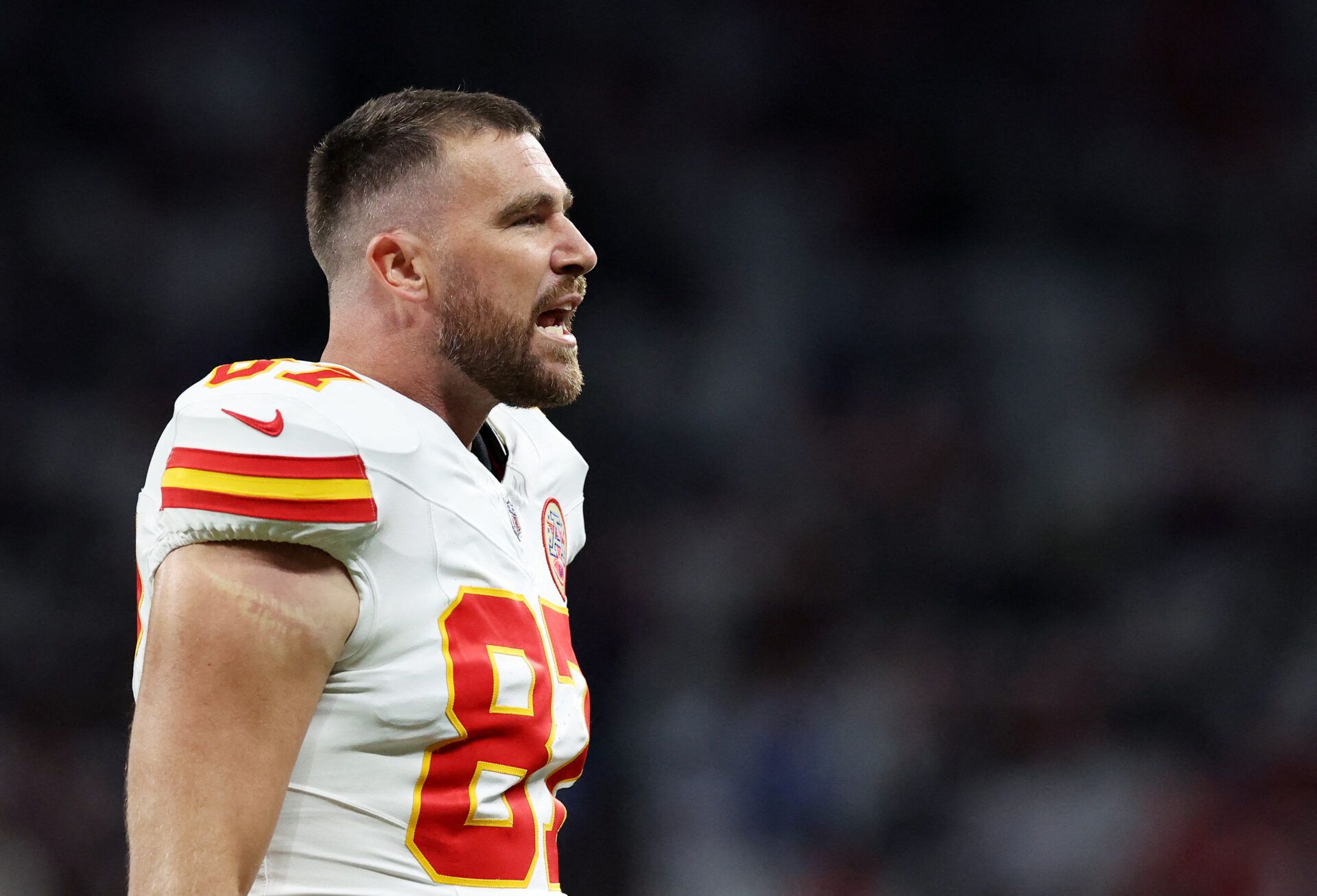 [US, Mexico & Canada customers only] Sep 5, 2025; Sao Paulo, BRAZIL; Kansas City Chiefs tight end Travis Kelce (87) before a NFL game at Corinthians Arena.