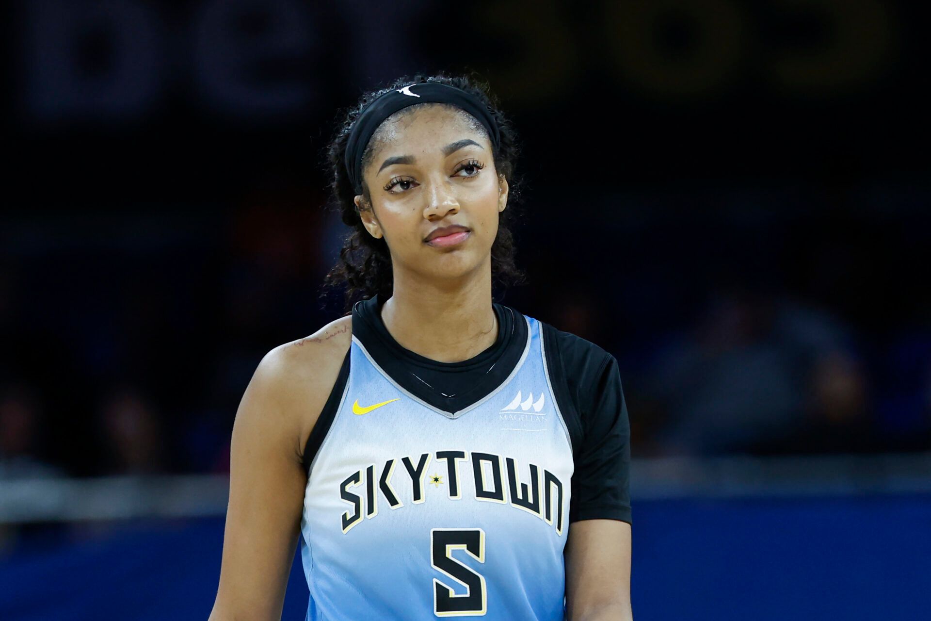 Chicago Sky forward Angel Reese (5) walks on the court during the second half of a WNBA game against the Connecticut Sun at Wintrust Arena.