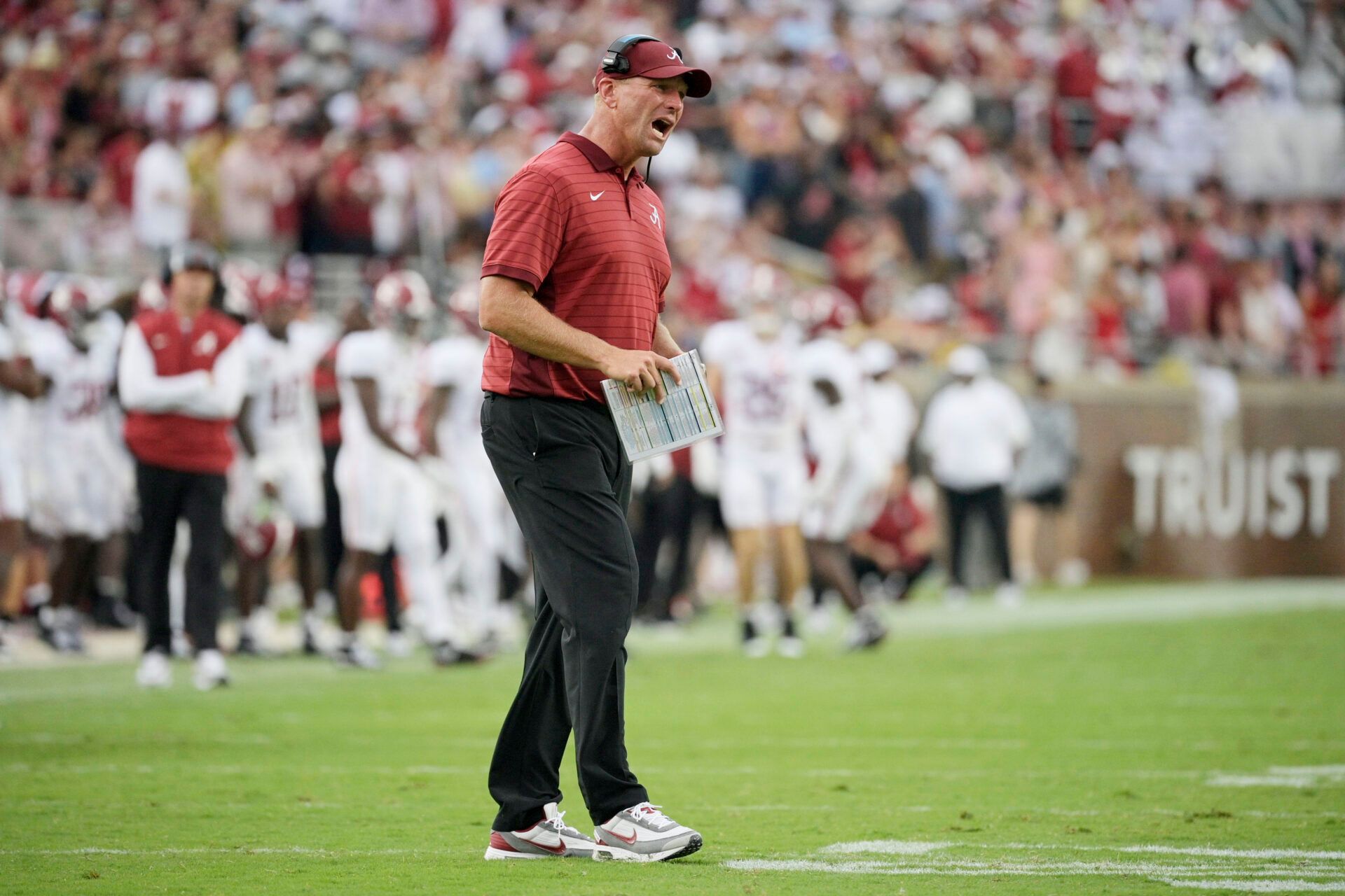 Alabama Crimson Tide head coach Kalen DeBoer reacts after a play against the Florida State Seminoles during the second half at Doak S. Campbell Stadium.