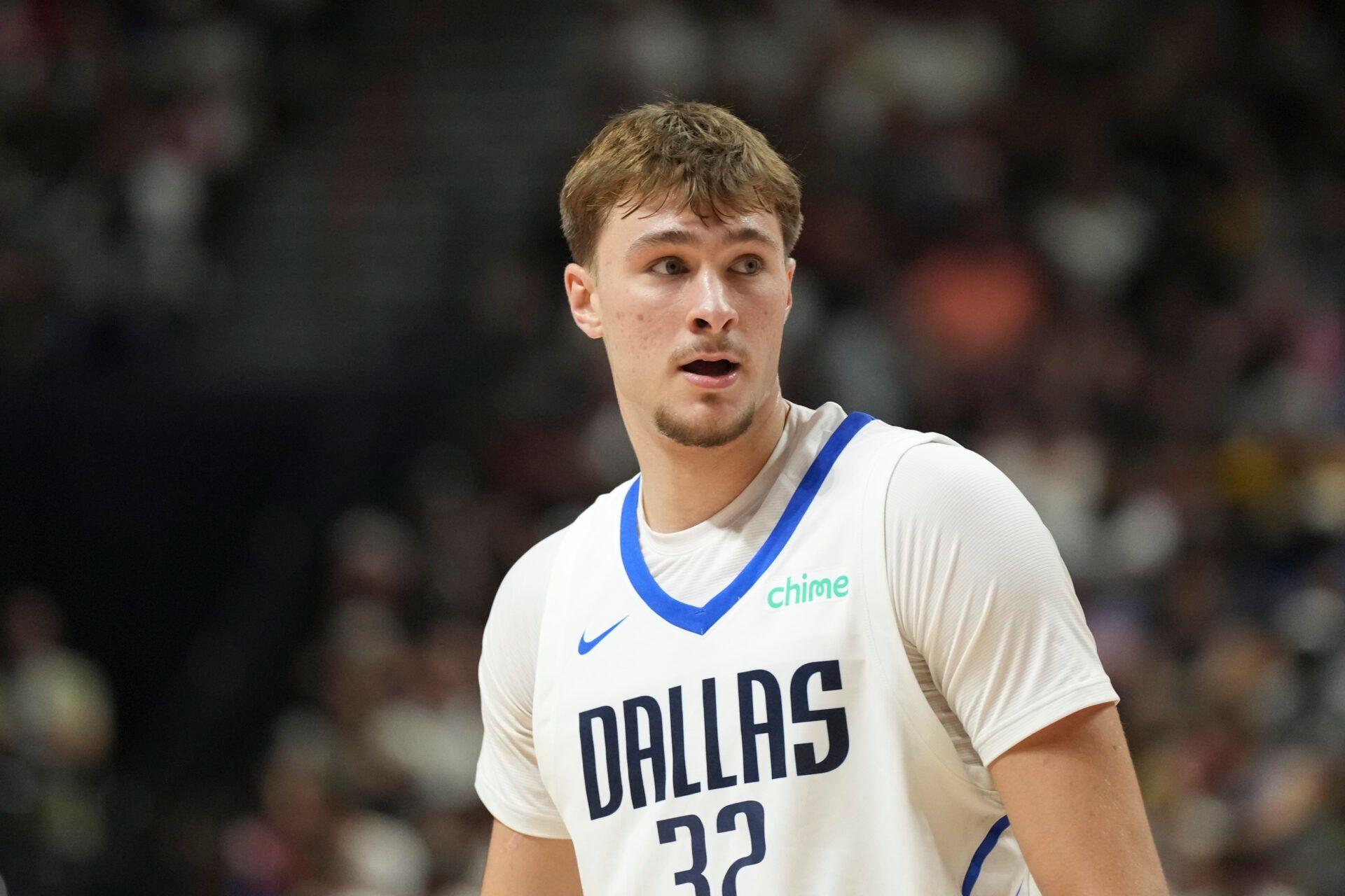 Dallas Mavericks forward Cooper Flagg (32) looks on in the first quarter of the game against the Los Angeles Lakers at Thomas & Mack Center.