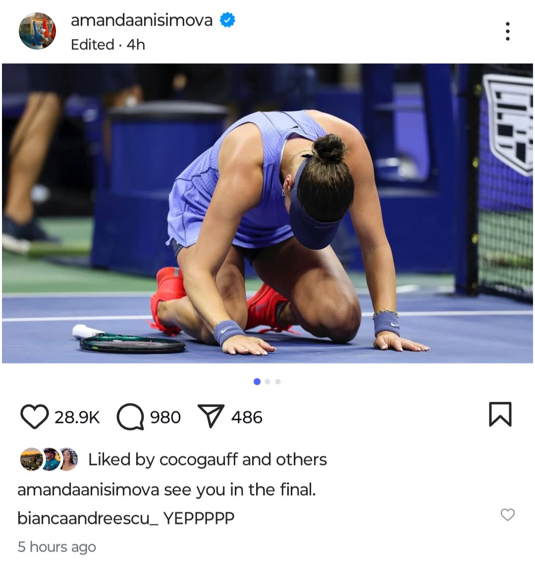 Bianca Andreescu, Andy Roddick and Others React Ahead of Amanda Anisimova’s US Open Final Screen grab of Bianca Andreescu's comment under Amanda Anisimova's post