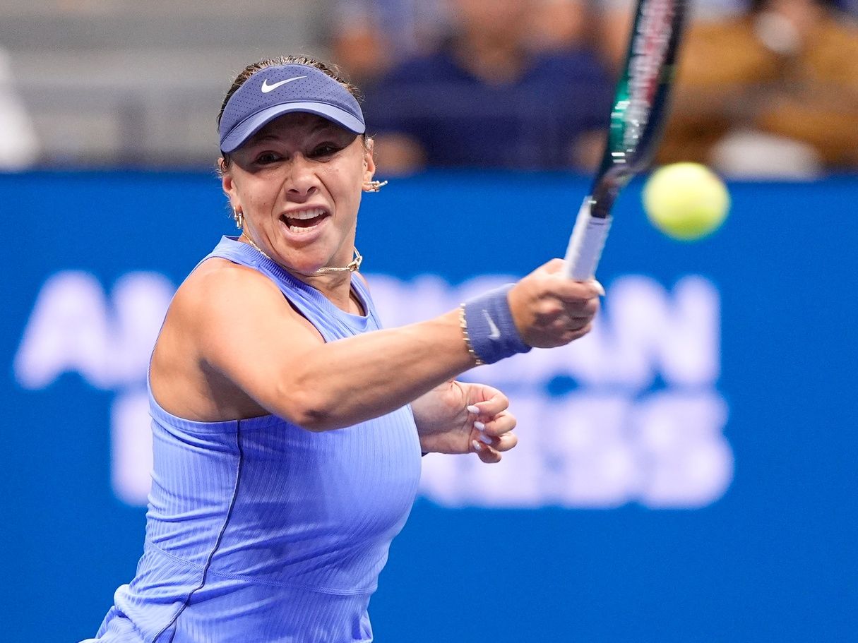 Amanda Anisimova (USA) hits to Naomi Osaka (JPN) (not pictured) on day twelve of the 2025 U.S. Open tennis tournament at the USTA Billie Jean King National Tennis Center.