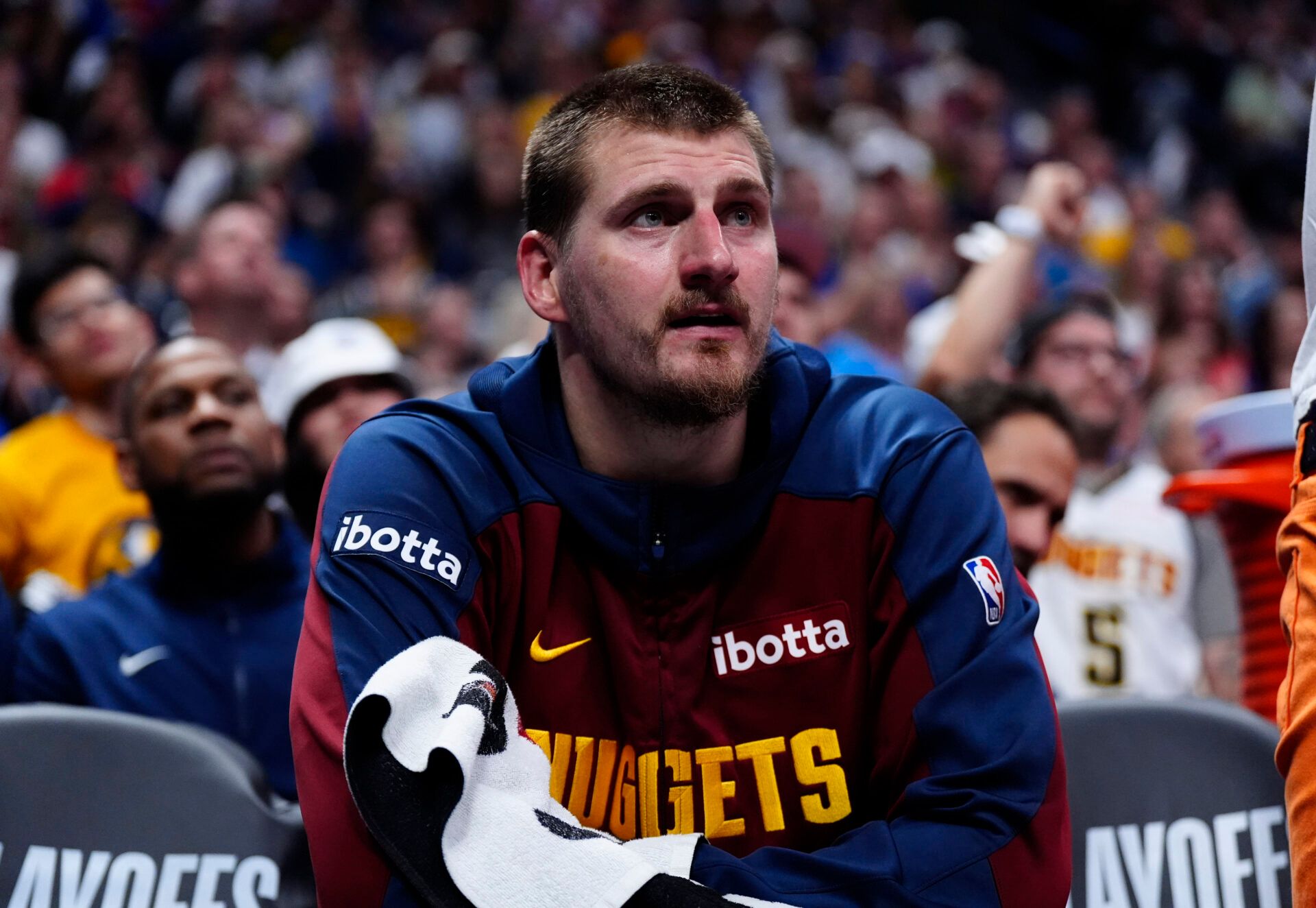 Denver Nuggets center Nikola Jokic (15) on the bench in the fourth quarter against the Oklahoma City Thunder during game three of the second round for the 2025 NBA Playoffs at Ball Arena.
