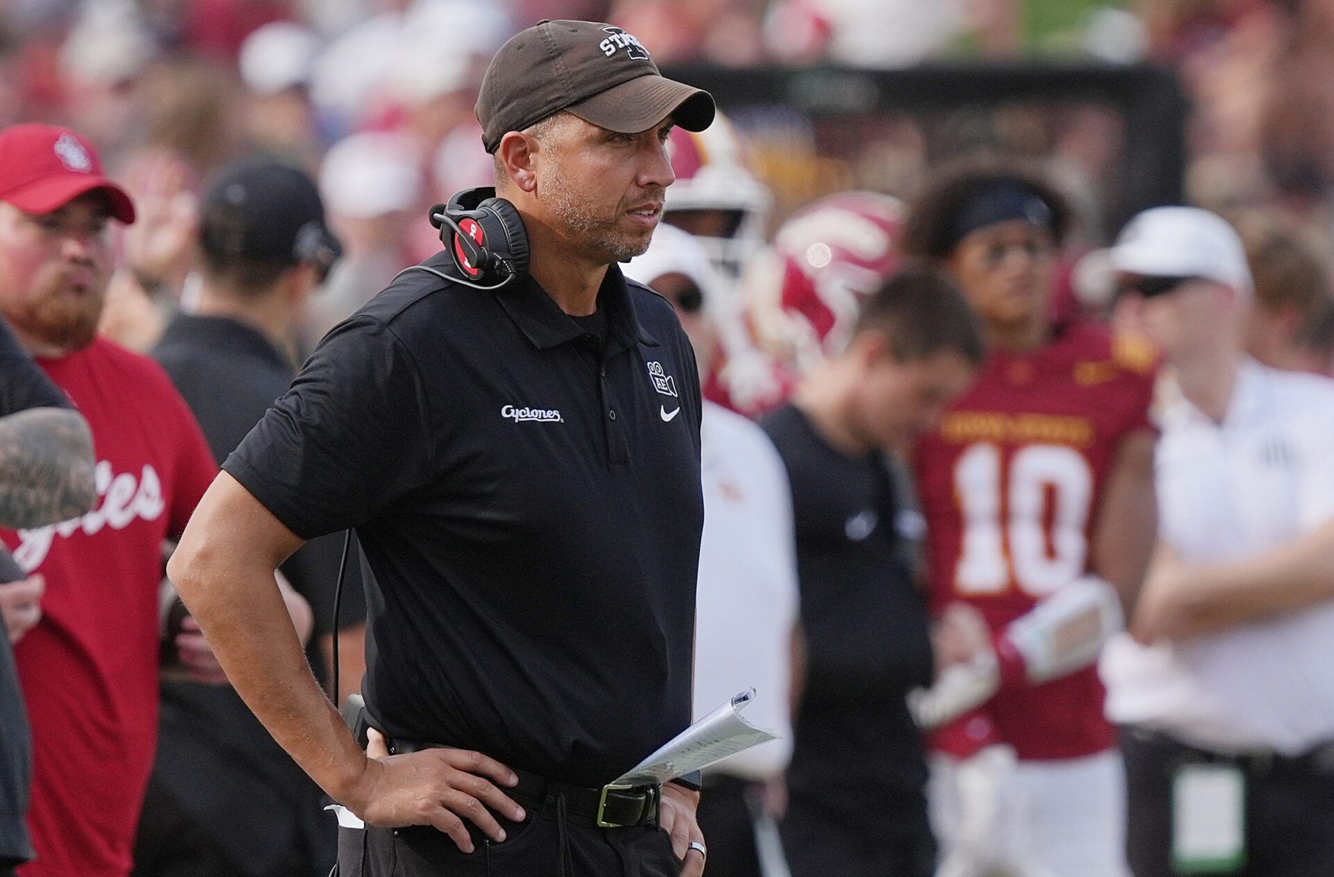 Iowa State Cyclones head coach Matt Campbell watches from the sideline against South Dakota during the third quarter in the home game opening at Jack Trice Stadium on August 30, 2025, in Ames, Iowa
