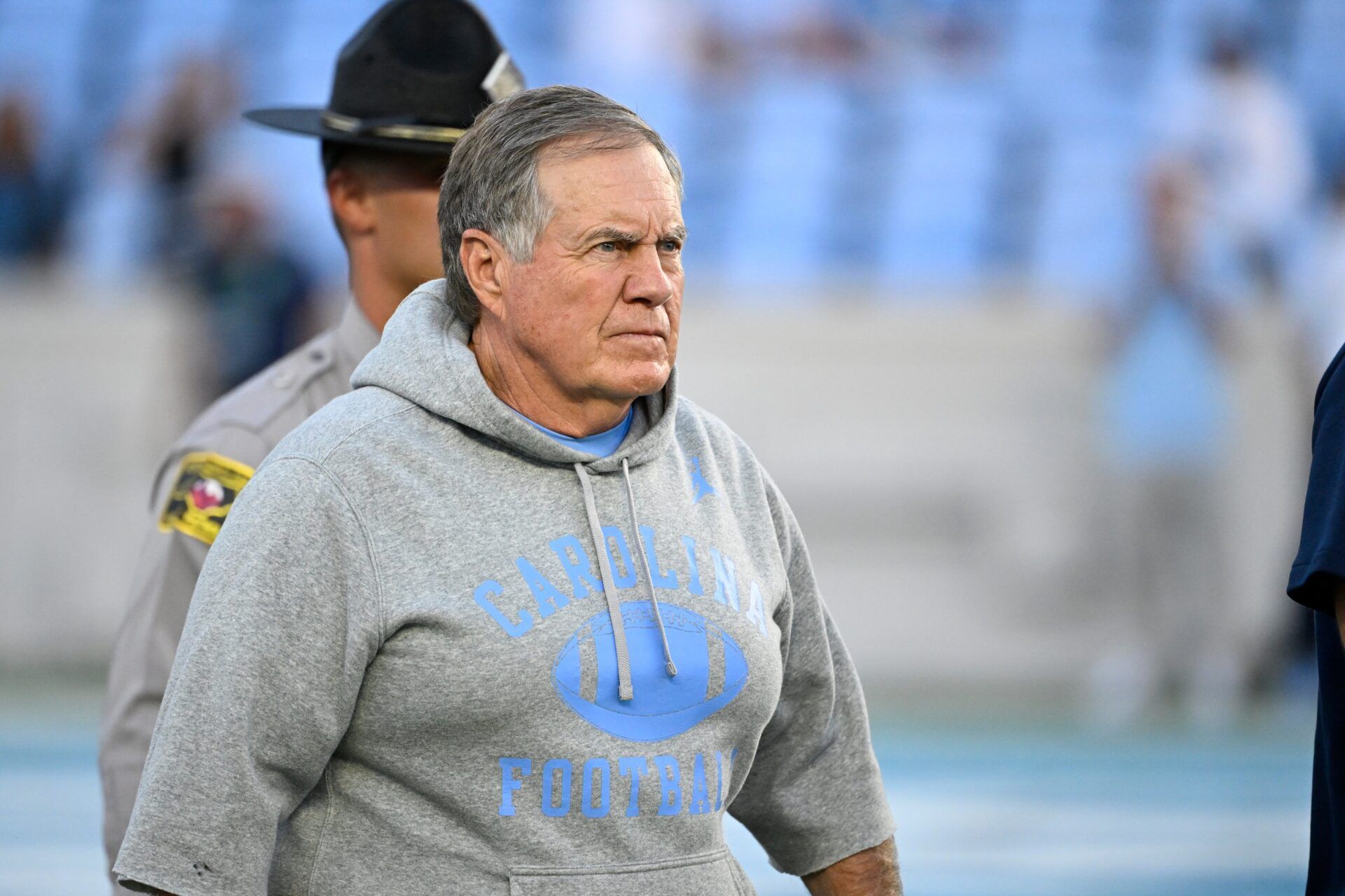 North Carolina Tar Heels head coach Bill Belichick on the field before the game at Kenan Stadium.