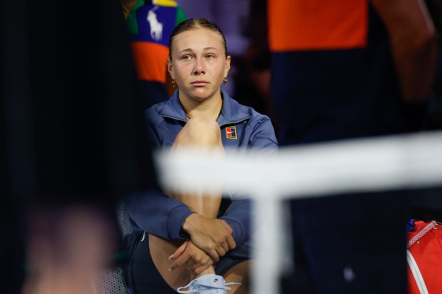 Amanda Anisimova (USA) looks on as Aryna Sabalenka (not pictured) celebrates her win of the women's singles final of the 2025 US Open tennis championships at Billie Jean King National Tennis Center.