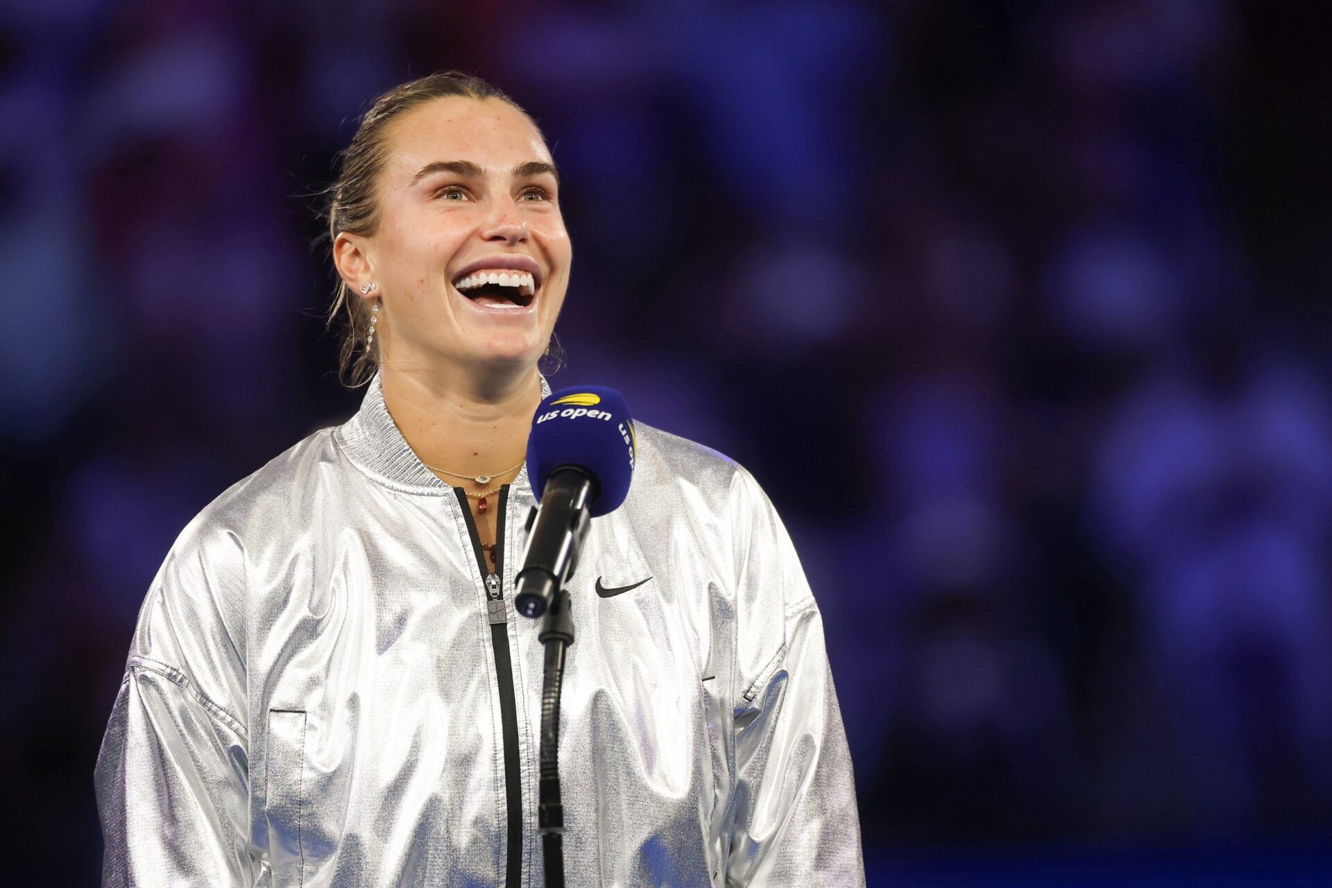 Aryna Sabalenka speaks to the crows after winning the women's singles final against Amanda Anisimova (USA) (not pictured) of the 2025 US Open tennis championships at Billie Jean King National Tennis Center.