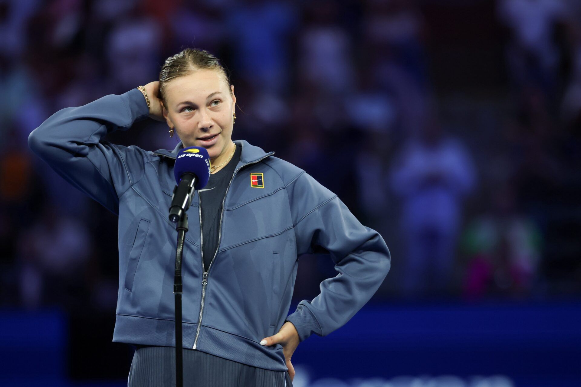 Amanda Anisimova (USA) speaks to the crowd after loosing the women's singles final against Aryna Sabalenka (not pictured) of the 2025 US Open tennis championships at Billie Jean King National Tennis Center.
