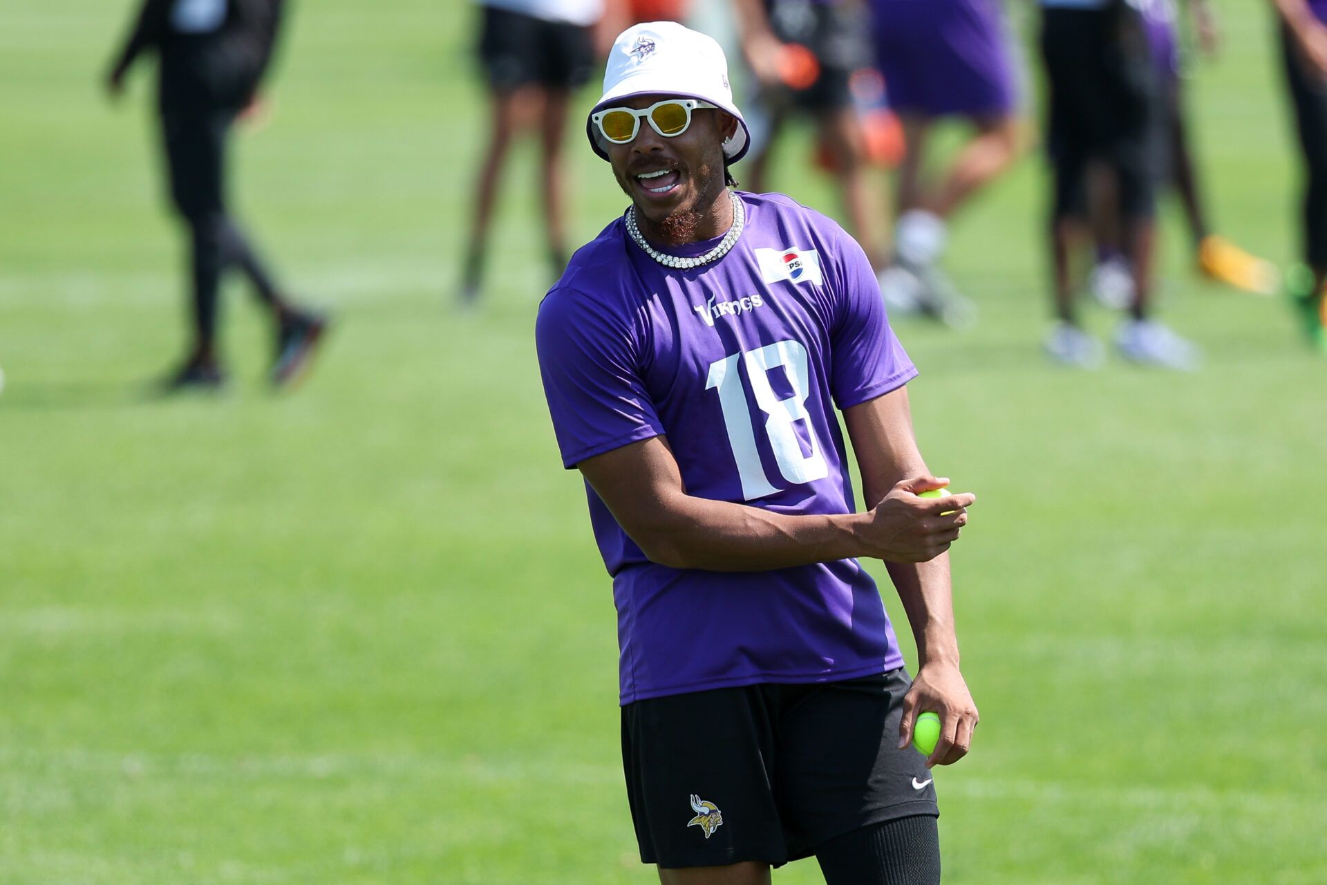 Minnesota Vikings wide receiver Justin Jefferson (18) looks on during the teams training camp at the Minnesota Vikings Training Facility.