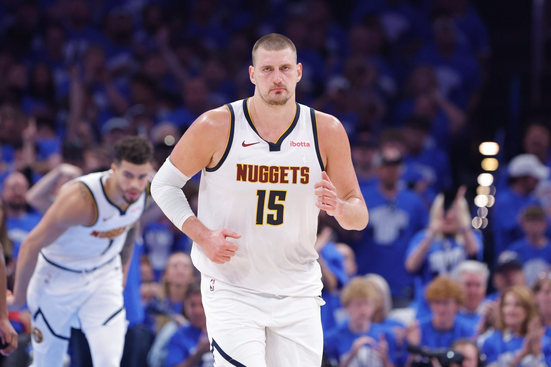 Denver Nuggets center Nikola Jokic (15) runs down the court against the Oklahoma City Thunder in the second quarter during game seven of the second round for the 2025 NBA Playoffs at Paycom Center.