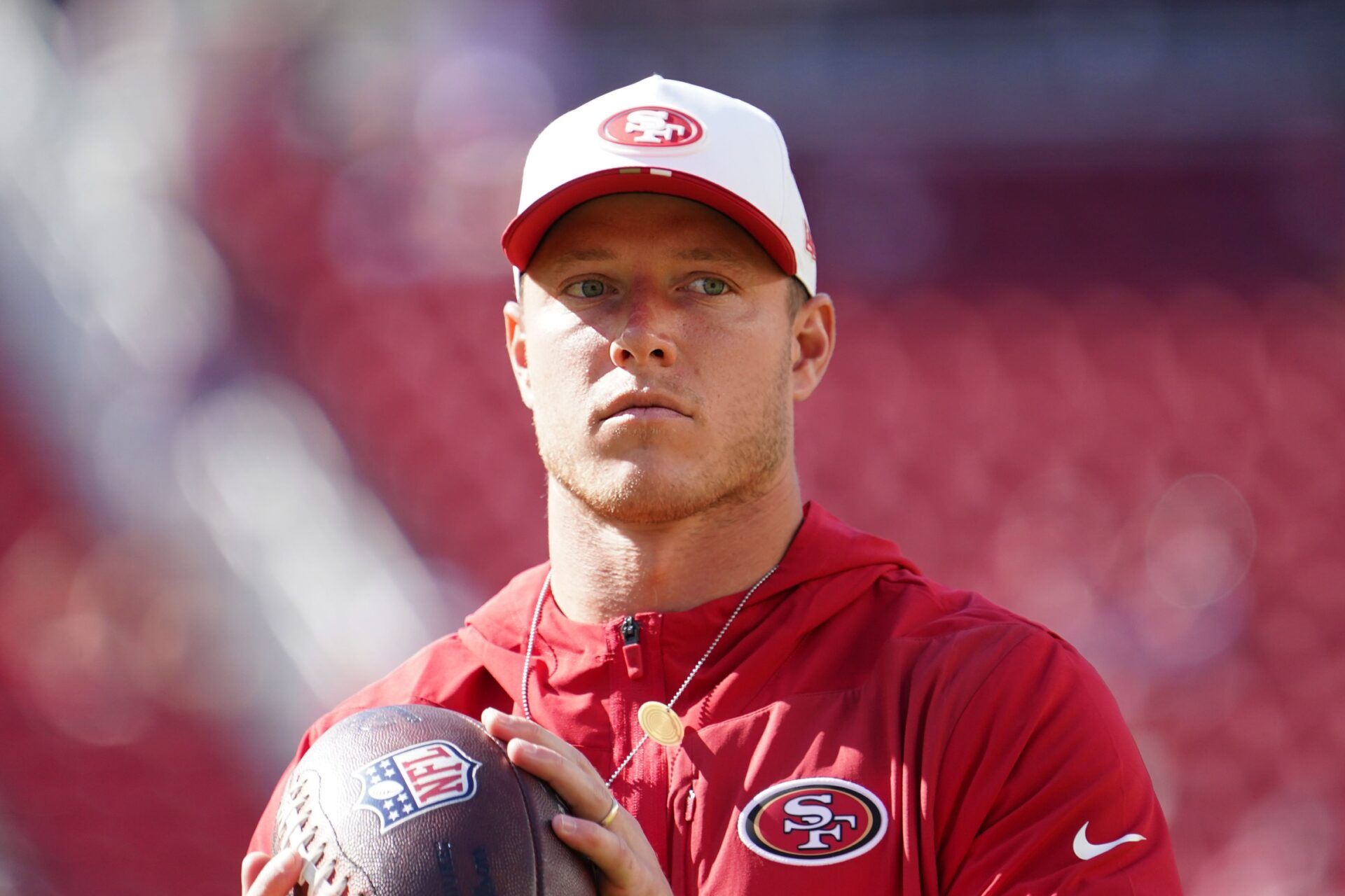 San Francisco 49ers running back Christian McCaffrey (23) warms up before the game against the Denver Broncos at Levi's Stadium.
