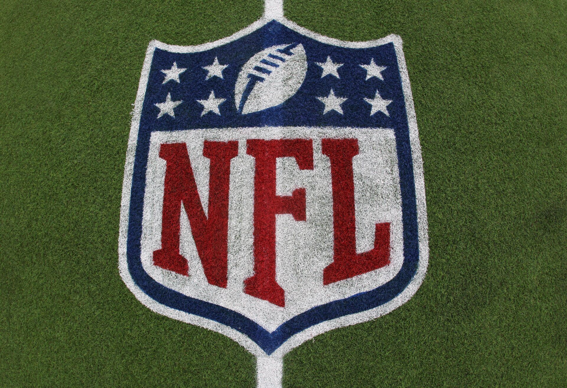 General view of the NFL shield logo on the field at the Tom Benson Hall of Fame Stadium site of the Professional Football Hall of Fame game and Class of 2025 induction ceremonies.