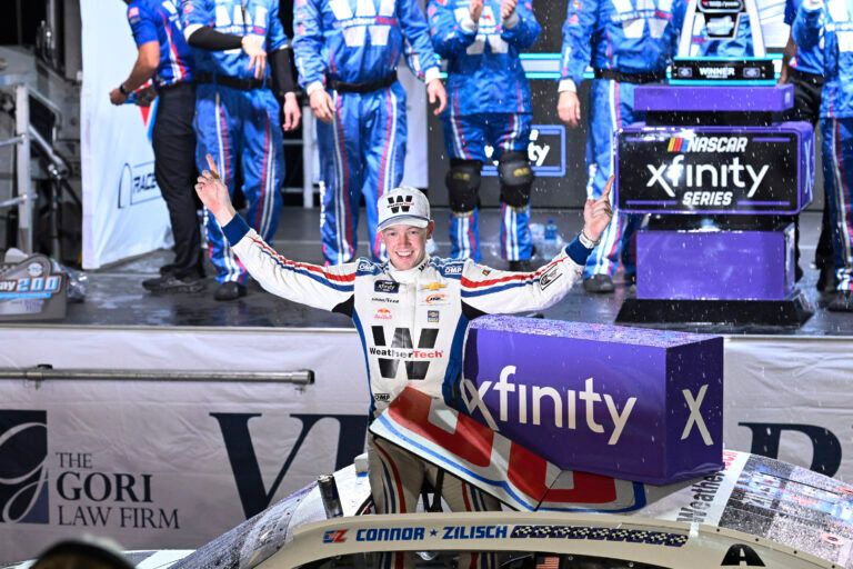 NASCAR Xfinity Series driver Connor Zilisch (88) celebrates after winning the Nu Way 200 Sauced by Blues Hog at World Wide Technology Raceway.