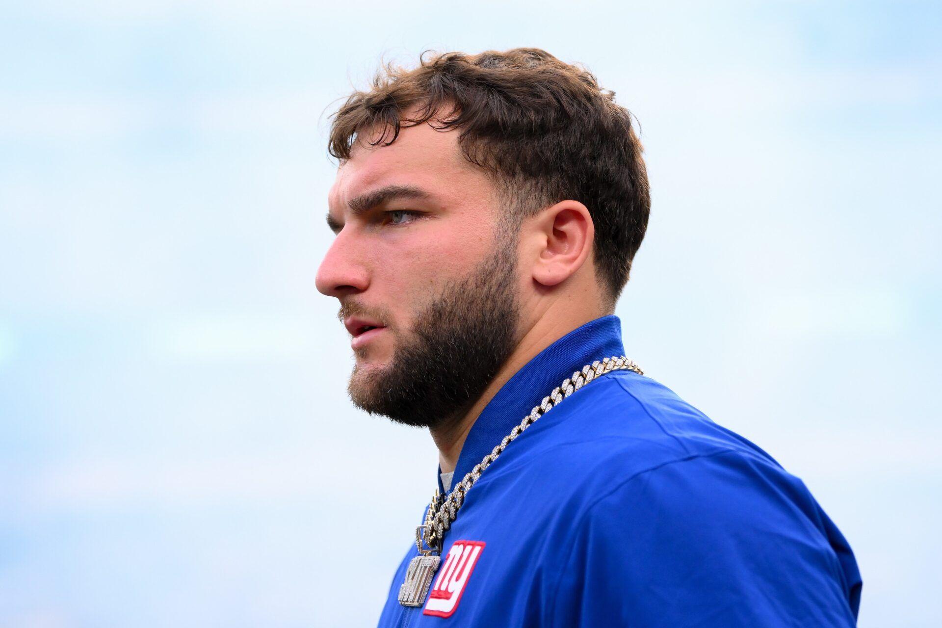 New York Giants running back Cam Skattebo (44) walks on the field prior to the game against the New York Jets at MetLife Stadium.