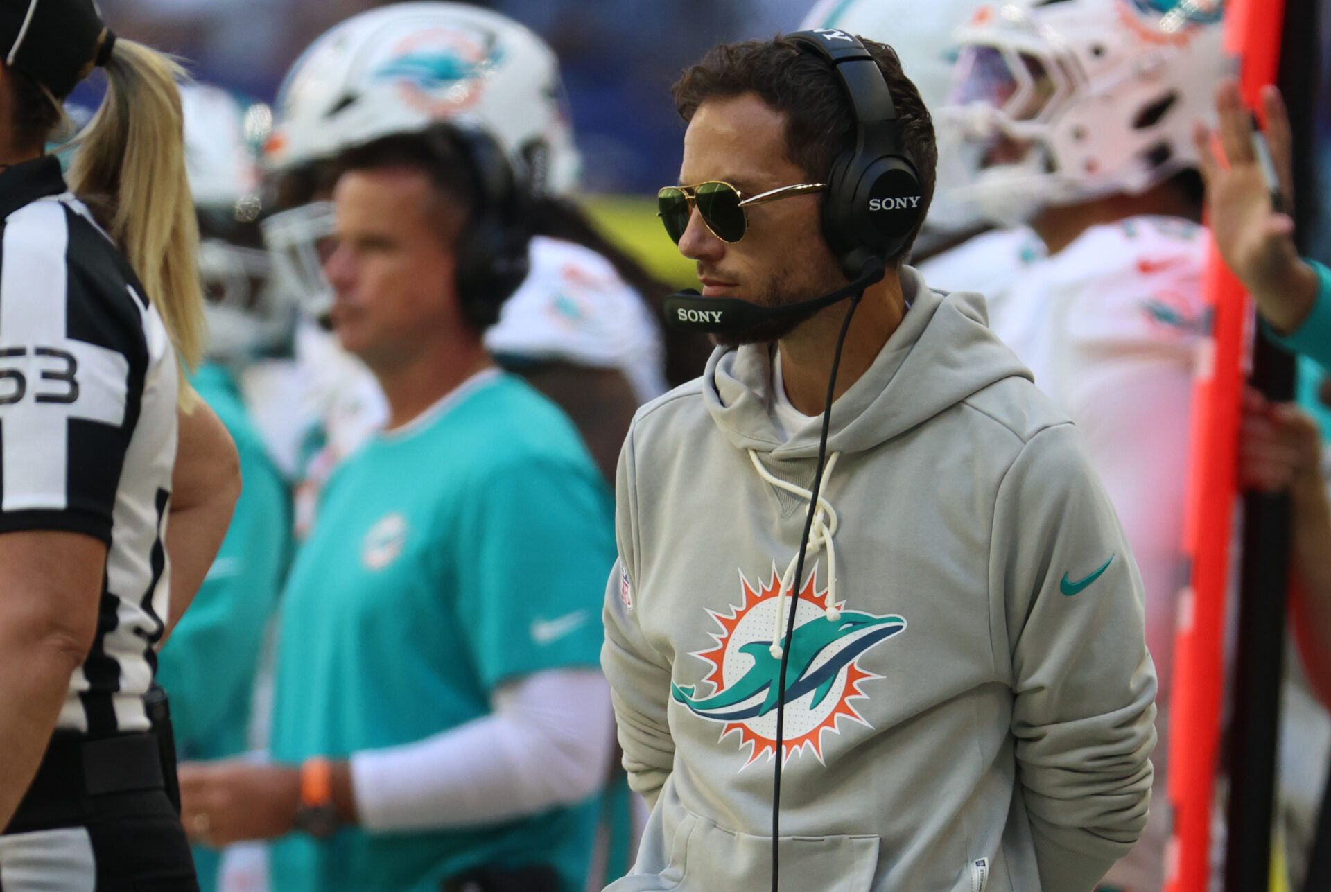 Miami Dolphins head coach Mike McDaniel during the first half against the Indianapolis Colts at Lucas Oil Stadium.