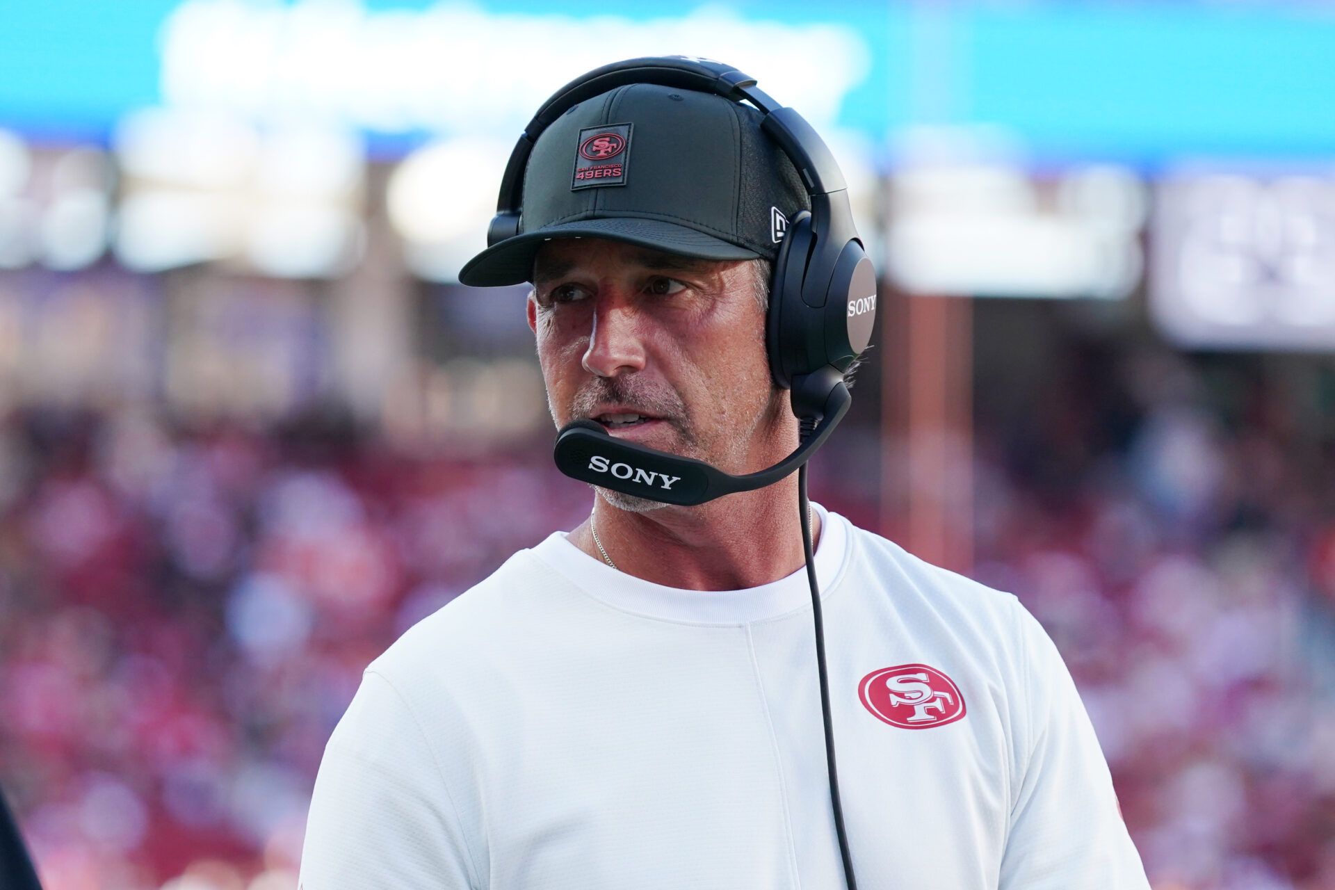 San Francisco 49ers head coach Kyle Shanahan watches from the sidelines in the first quarter against the Denver Broncos at Levi's Stadium.