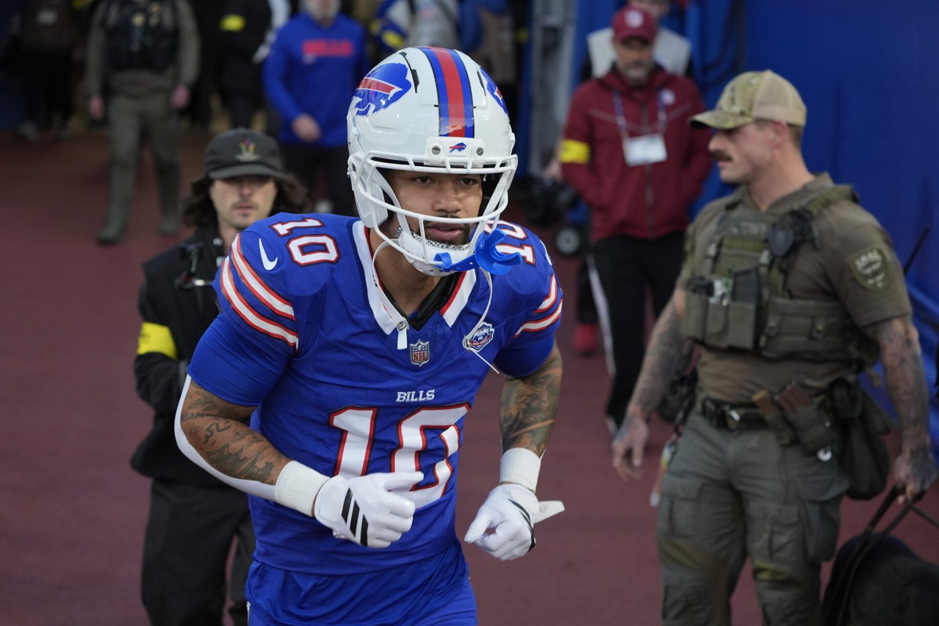 Buffalo Bills wide receiver Khalil Shakir (10) enter the field for warm up prior to the game against the Baltimore Ravens at Highmark Stadium.