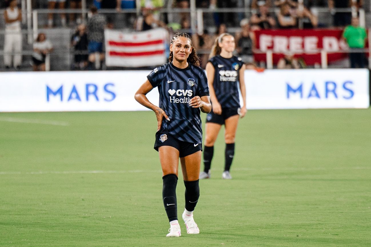 Washington Spirit forward Trinity Rodman (2) reacts after a play in the second half against Racing Louisville FC at Audi Field.