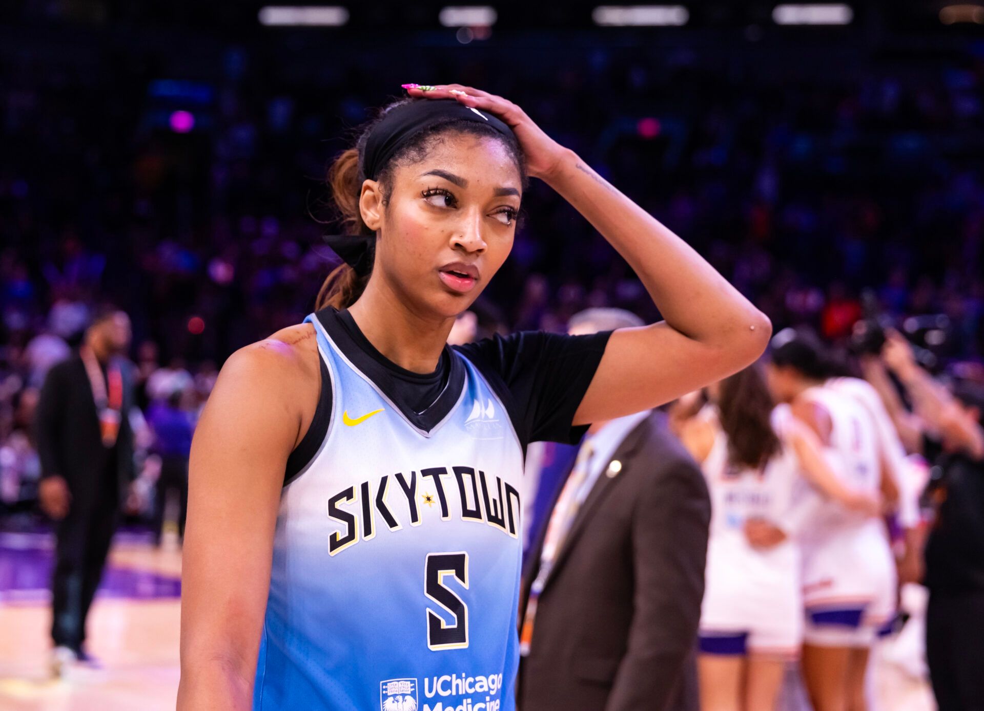 Chicago Sky forward Angel Reese (5) reacts as she walks off the court after losing to the Phoenix Mercury at Phx Arena.
