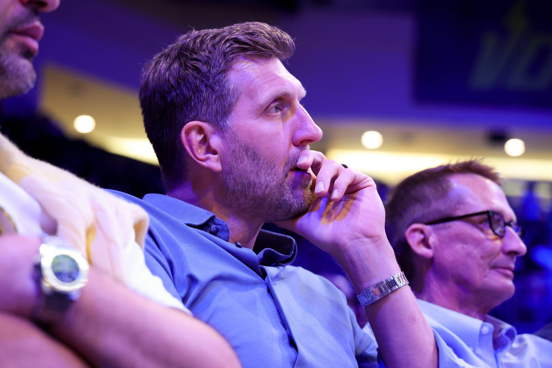 Dallas Mavericks former player Dirk Nowitzki in attendance at the game between the Dallas Wings and Chicago Sky during the first half at College Park Center.