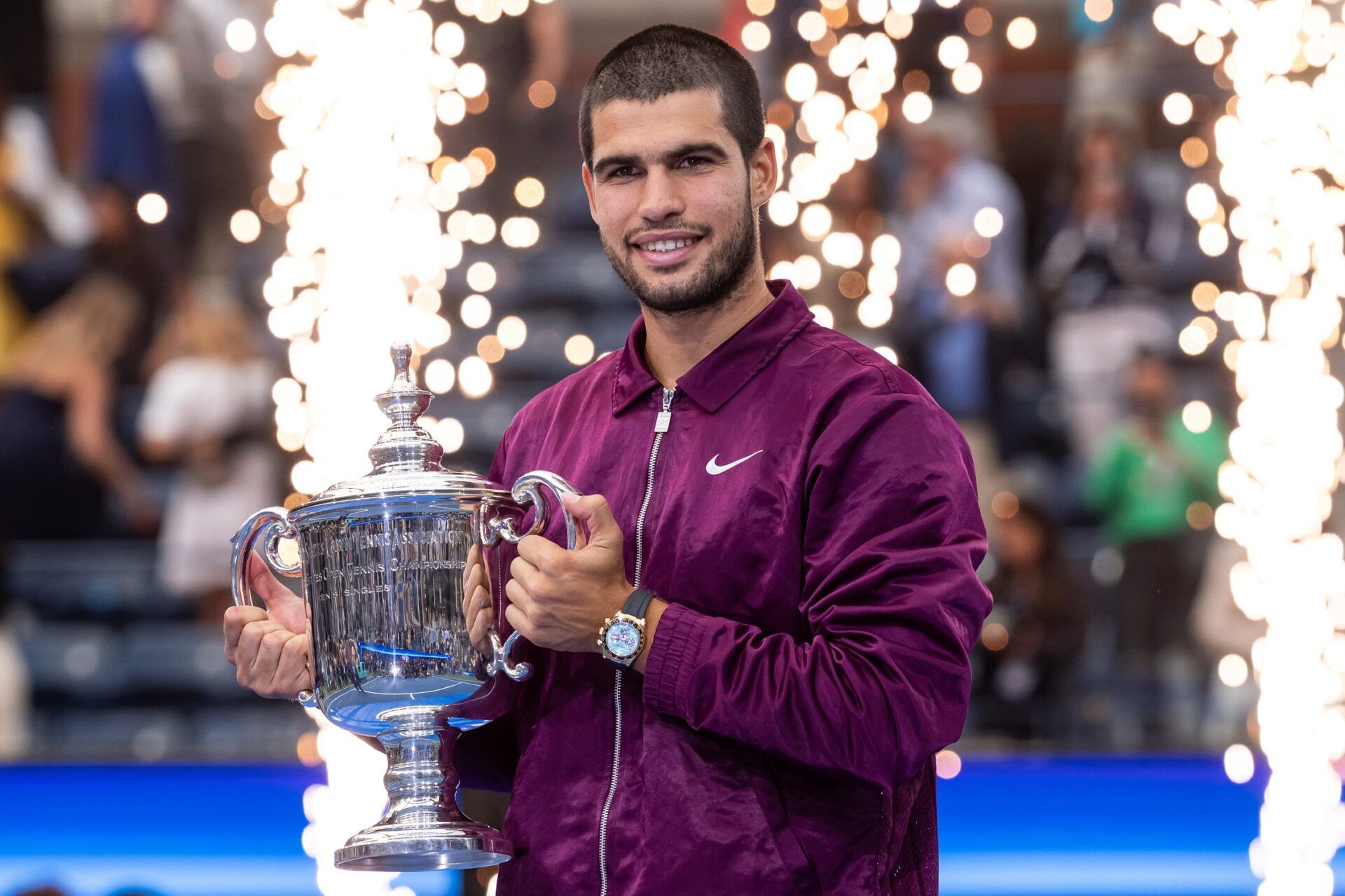 Carlos Alcaraz of Spain with the US Open trophy after winning the final of men’s singles at Billie Jean King National Tennis Center.