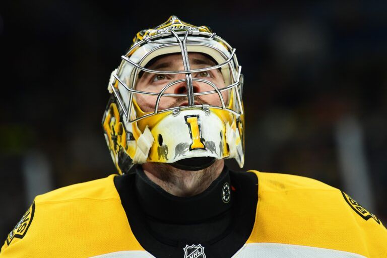 Boston Bruins goaltender Jeremy Swayman (1) during the second period against the Carolina Hurricanes at TD Garden.