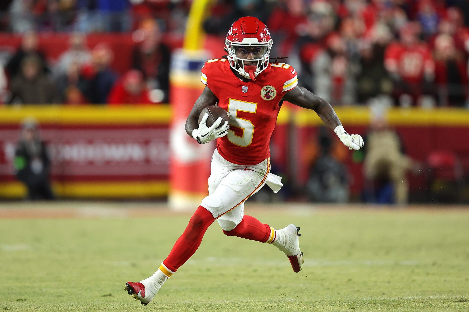 KANSAS CITY, MISSOURI - JANUARY 26: Hollywood Brown #5 of the Kansas City Chiefs runs the ball during the third quarter against the Buffalo Bills in the AFC Championship Game at GEHA Field at Arrowhead Stadium on January 26, 2025 in Kansas City, Missouri.  (Photo by David Eulitt/Getty Images)