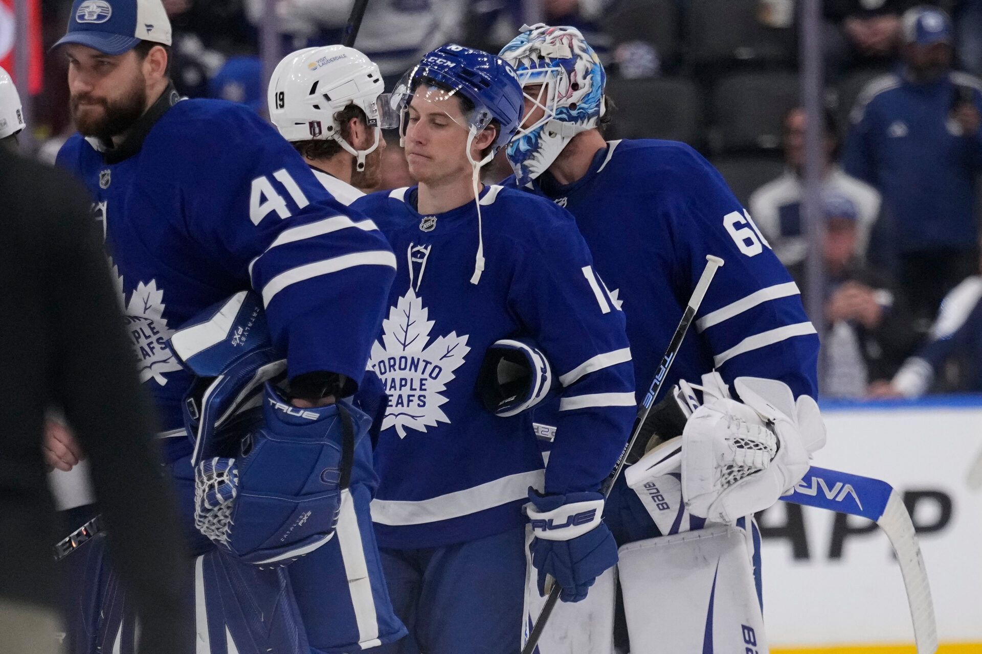 Toronto Maple Leafs forward Mitch Marner (16) reacts after losing the second round of the 2025 Stanley Cup Playoffs to the Florida Panthers at Scotiabank Arena.