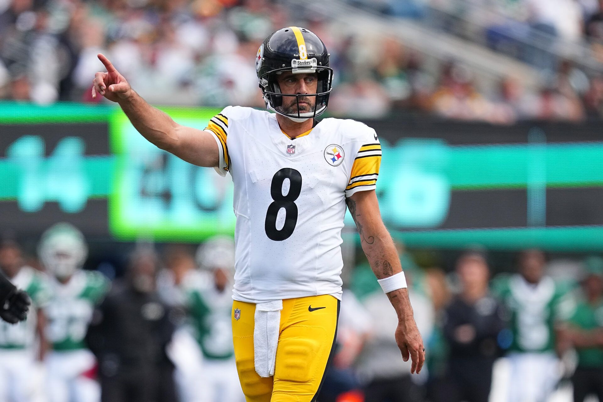 EAST RUTHERFORD, NEW JERSEY - SEPTEMBER 07: Aaron Rodgers #8 of the Pittsburgh Steelers gestures while playing against New York Jets during the game at MetLife Stadium on September 07, 2025 in East Rutherford, New Jersey. (Photo by Mitchell Leff/Getty Images)