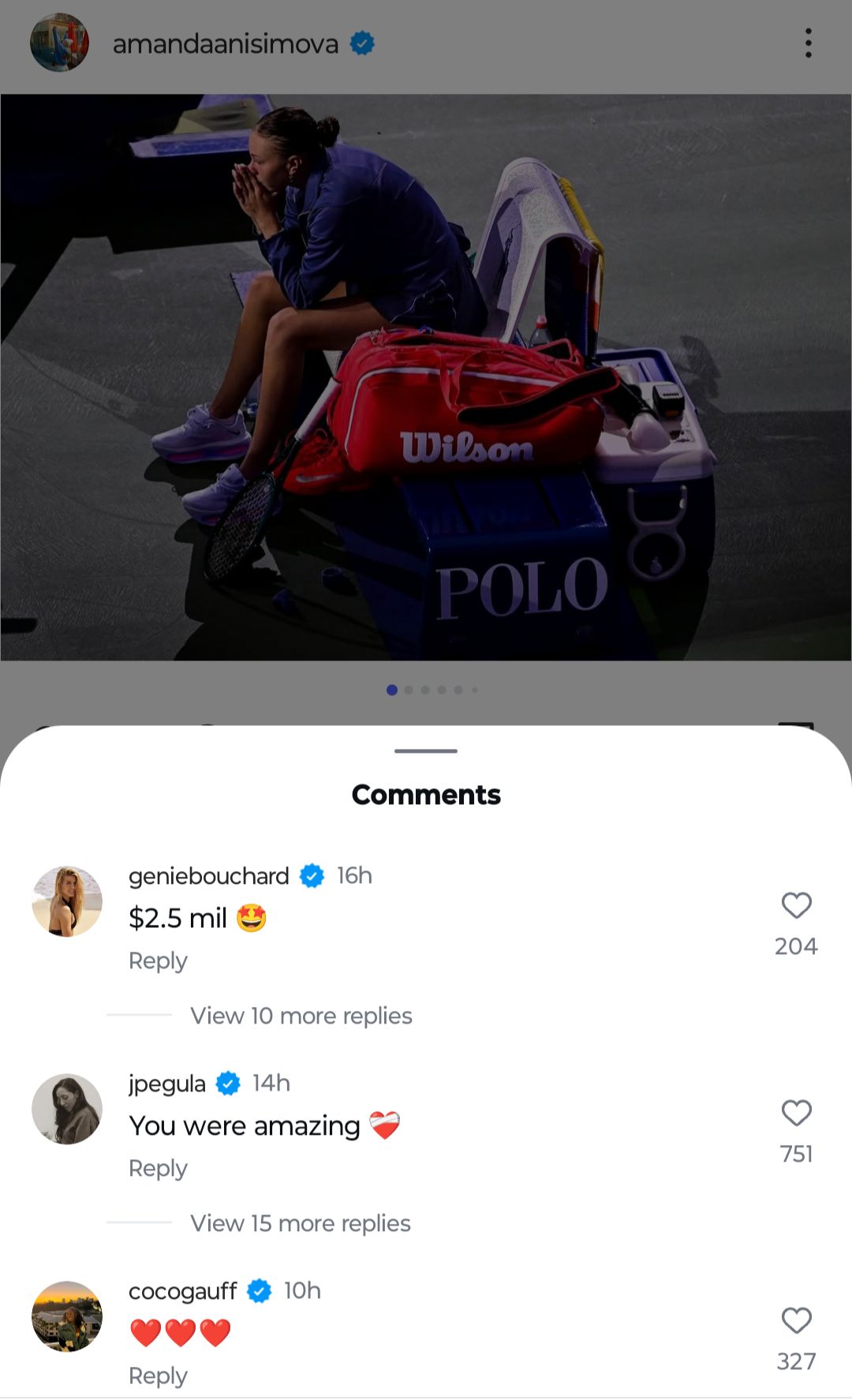 Screen grab of Eugenie Bouchard, Jessica Pegula & Coco Gauff's comments under Amanda Anisimova’s post