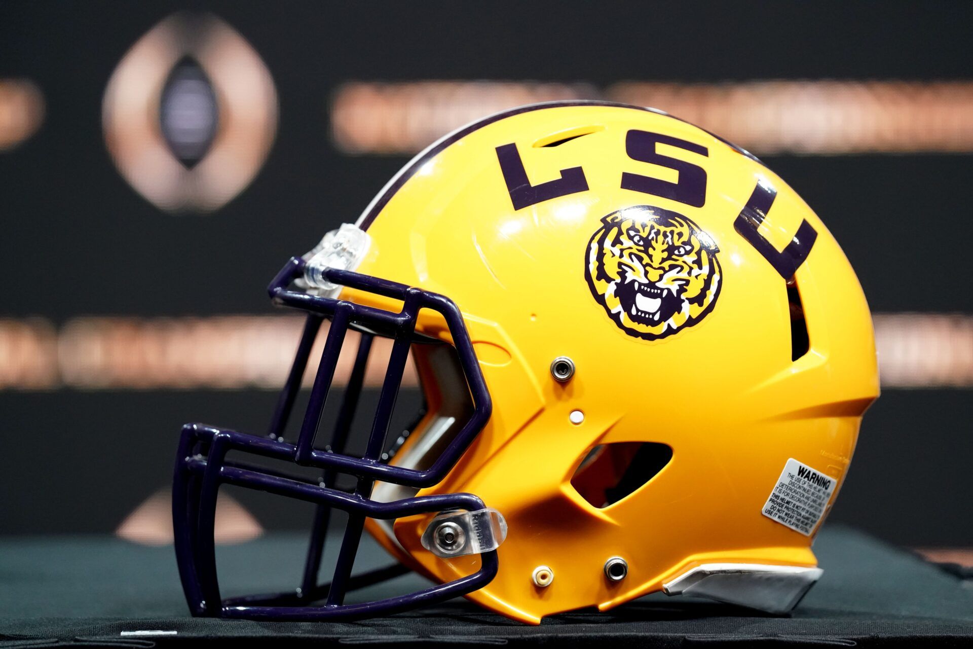 An LSU Tigers helmet on display before the head coaches press conference for the CFP with LSU Tigers head coach Ed Orgeron and Clemson Tigers head coach Dabo Swinney at the Sheraton New Orleans, Grand Ballroom.