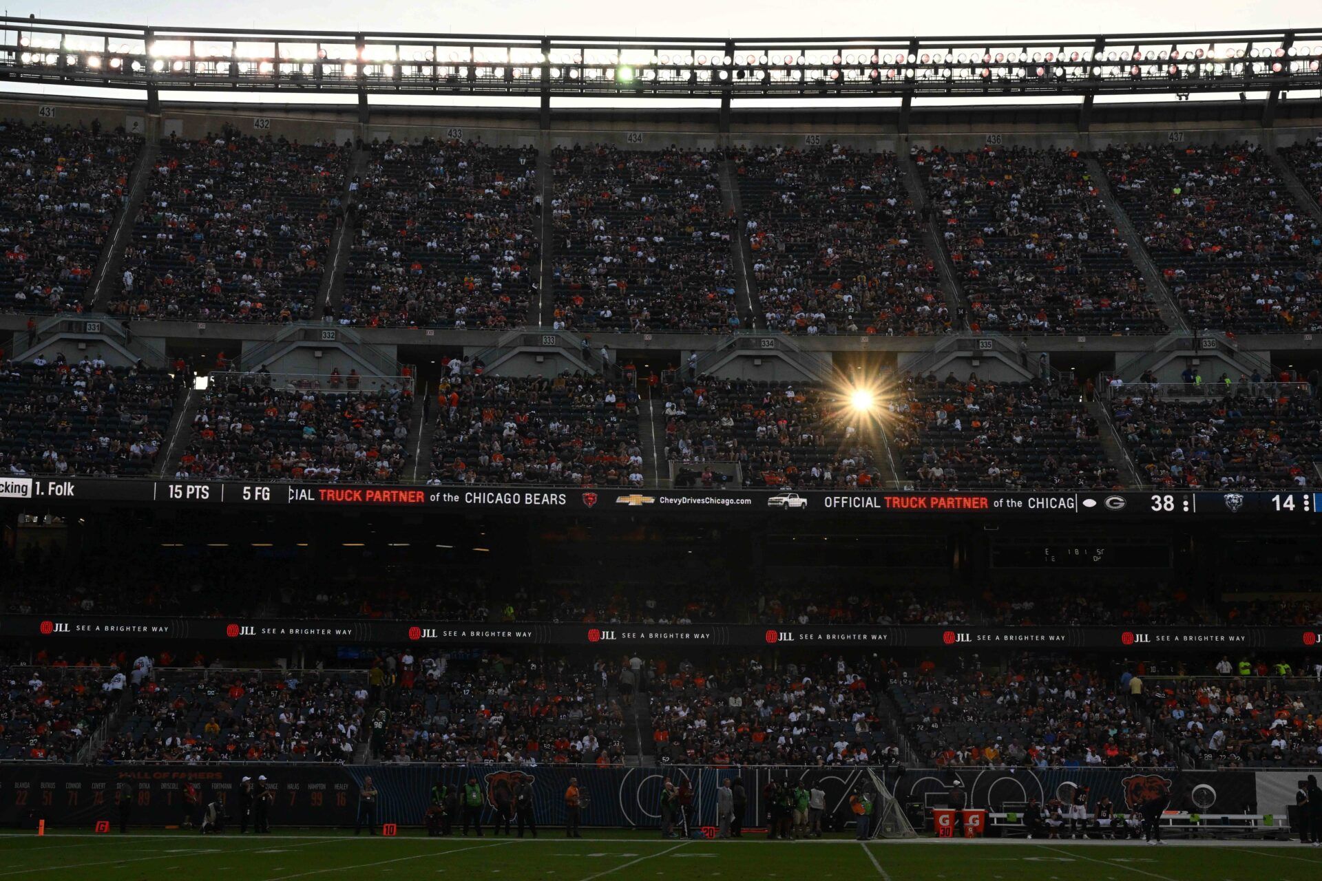 A general view of Soldier Field during an NFL game between the Chicago Bears and the Green Bay Packers.