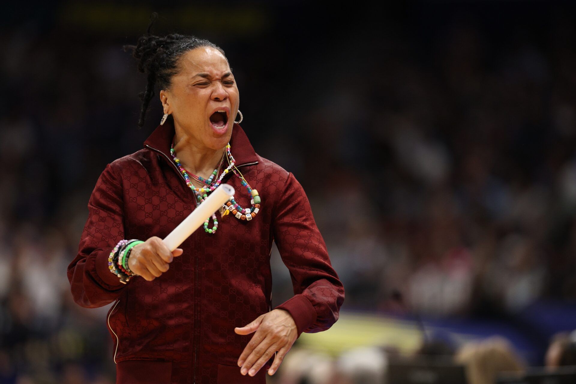 South Carolina Gamecocks head coach Dawn Staley reacts during the second quarter in a semifinal of the women's 2025 NCAA tournament against the Texas Longhornsat Amalie Arena.