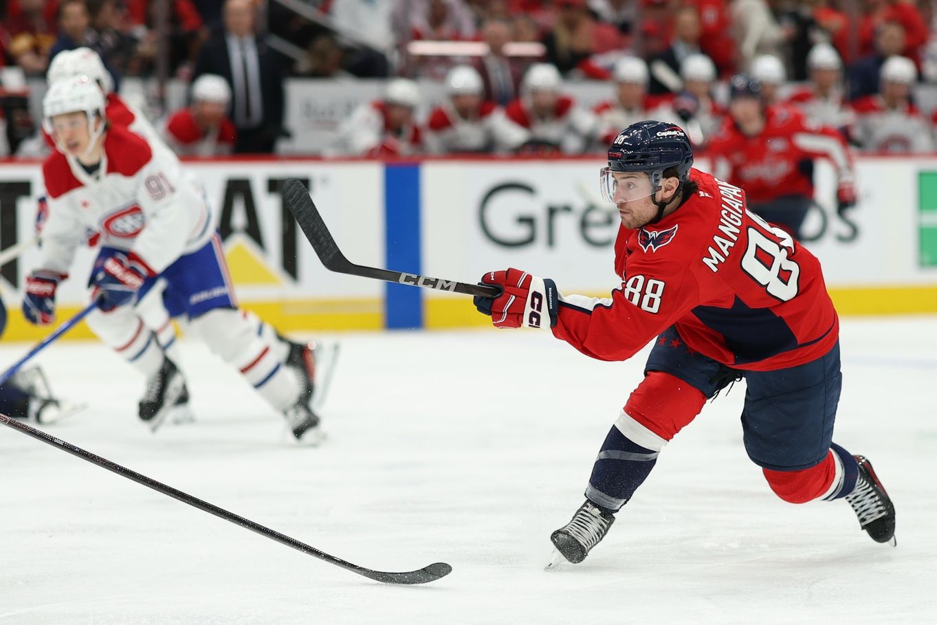 Washington Capitals left wing Andrew Mangiapane (88) shoots the puck against the Montreal Canadiens in game five of the first round of the 2025 Stanley Cup Playoffs at Capital One Arena.