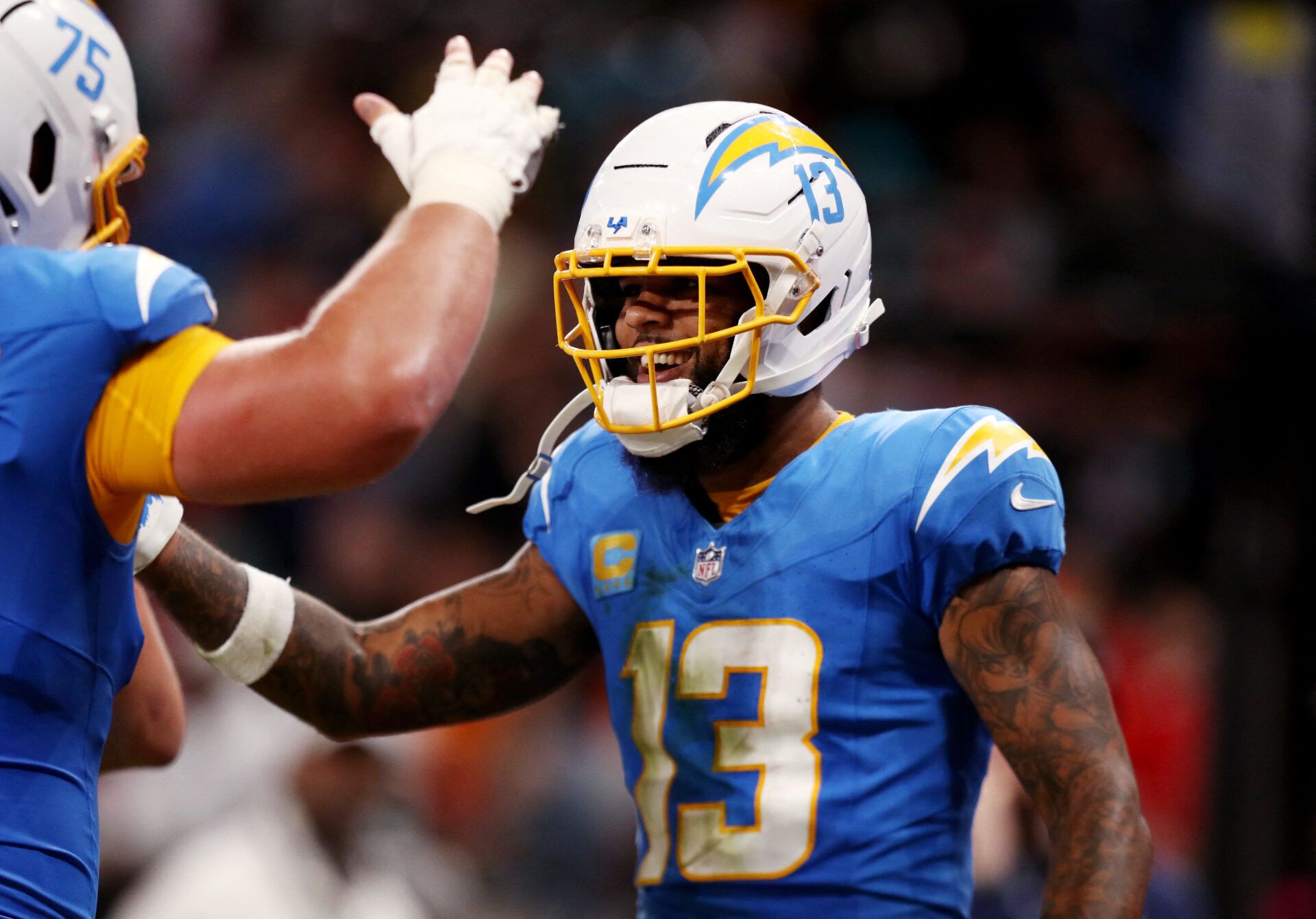 [US, Mexico & Canada customers only] Sep 5, 2025; Sao Paulo, BRAZIL; Los Angeles Chargers wide receiver Keenan Allen (13) celebrates after scoring a touchdown  in the second half against the Kansas City Chiefs during a NFL game at Corinthians Arena.