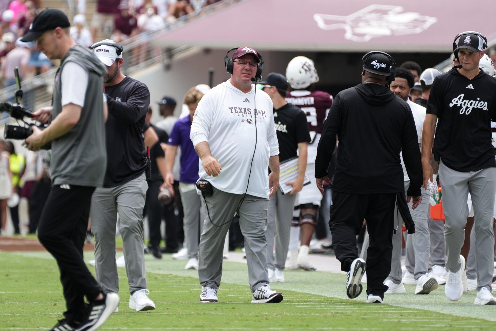 Texas A&M Aggies head coach Mike Elko during the first quarter against the Utah State Aggies at Kyle Field.
