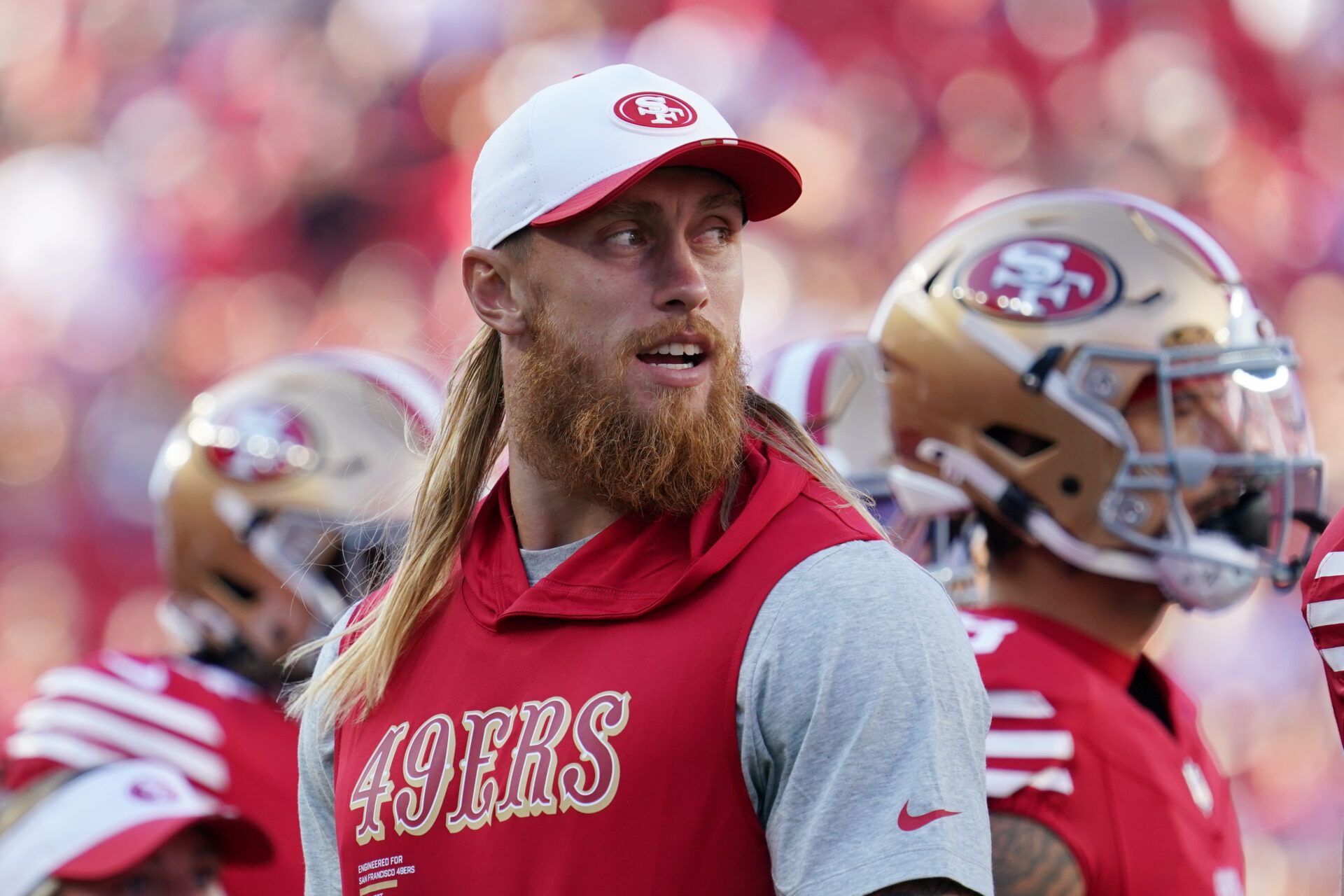 San Francisco 49ers tight end George Kittle (85) watches from the sideline in the first quarter against the Denver Broncos at Levi's Stadium.