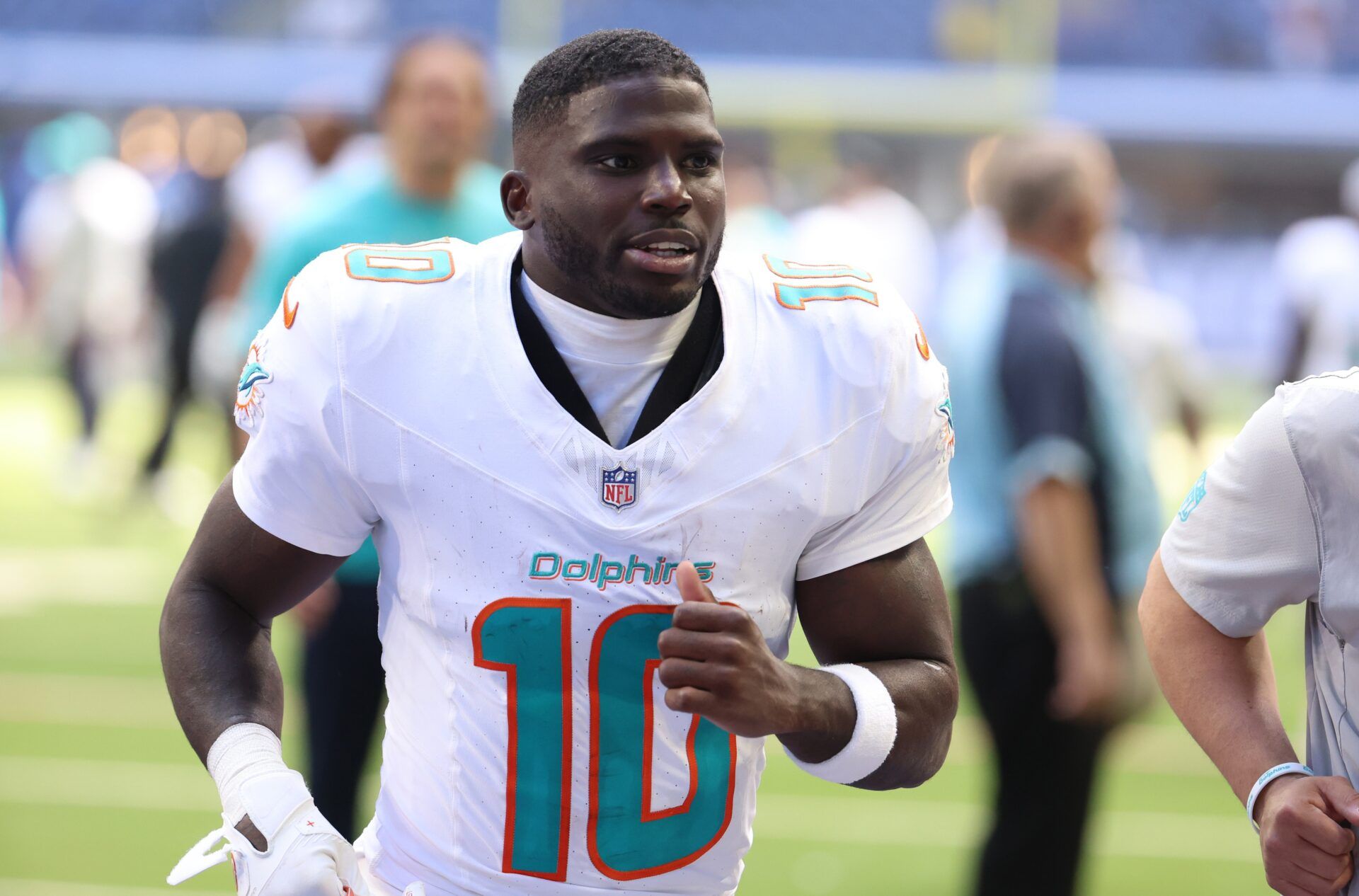 Miami Dolphins wide receiver Tyreek Hill (10) leaves the field after losing to the Indianapolis Colts at Lucas Oil Stadium.