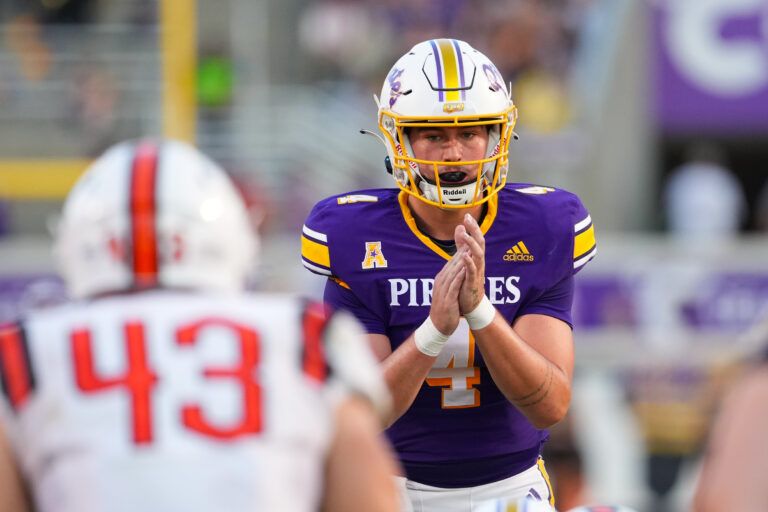 East Carolina Pirates quarterback Katin Houser (4) gets ready for the snap against the Campbell Fighting Camels during the first half at Dowdy-Ficklen Stadium.