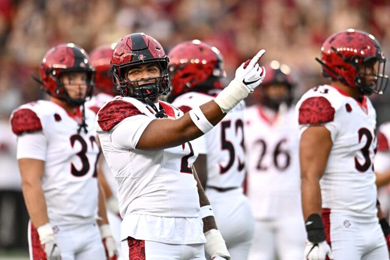 San Diego State Aztecs edge Trey White (2) points to the video board before a game against the Washington State Cougars at Gesa Field at Martin Stadium.