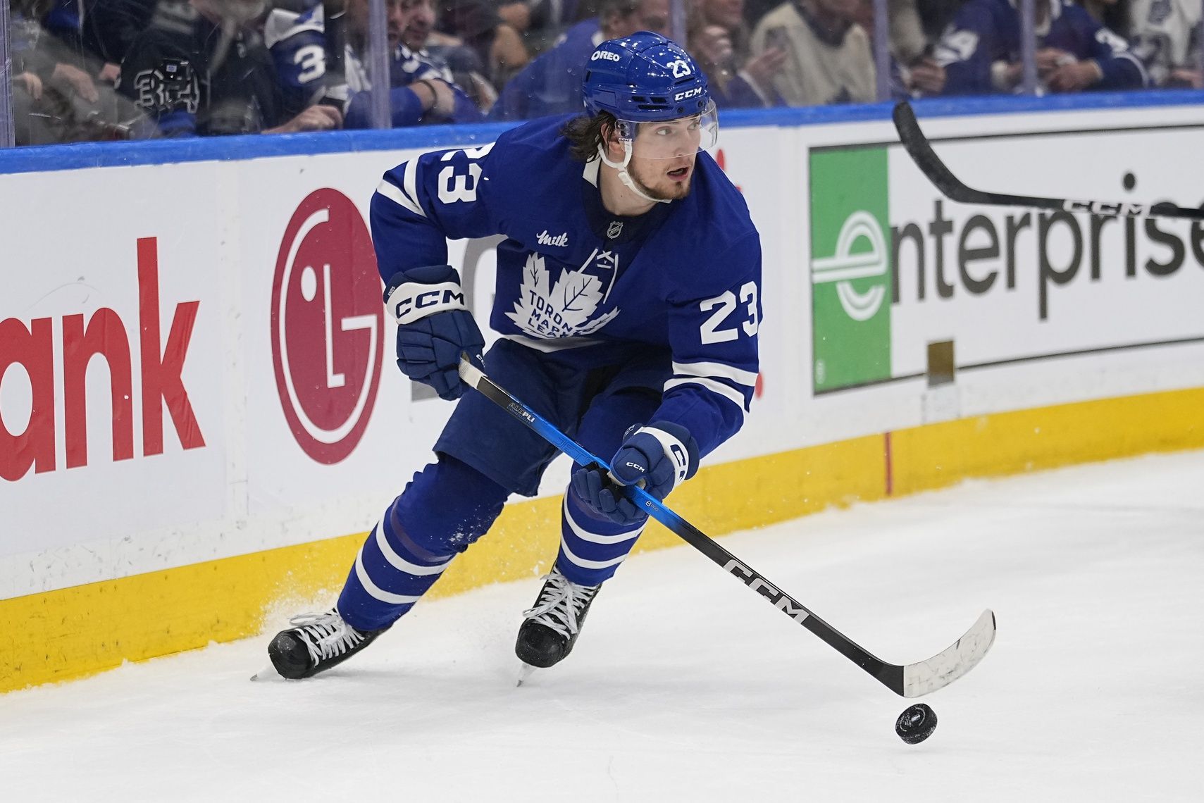 Toronto Maple Leafs forward Matthew Knies (23) carries the puck against the Florida Panthers during the first period of game five of the second round of the 2025 Stanley Cup Playoffs at Scotiabank Arena.