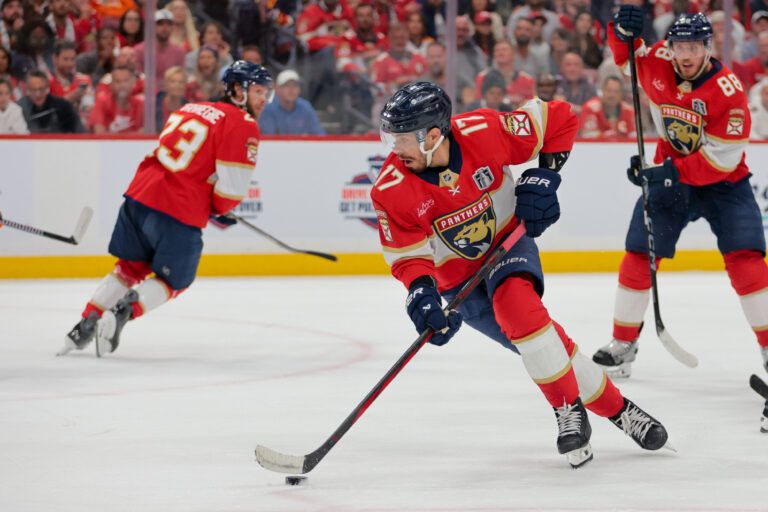Florida Panthers center Evan Rodrigues (17) controls the puck against the Edmonton Oilers during the first period in game six of the 2025 Stanley Cup Final at Amerant Bank Arena.