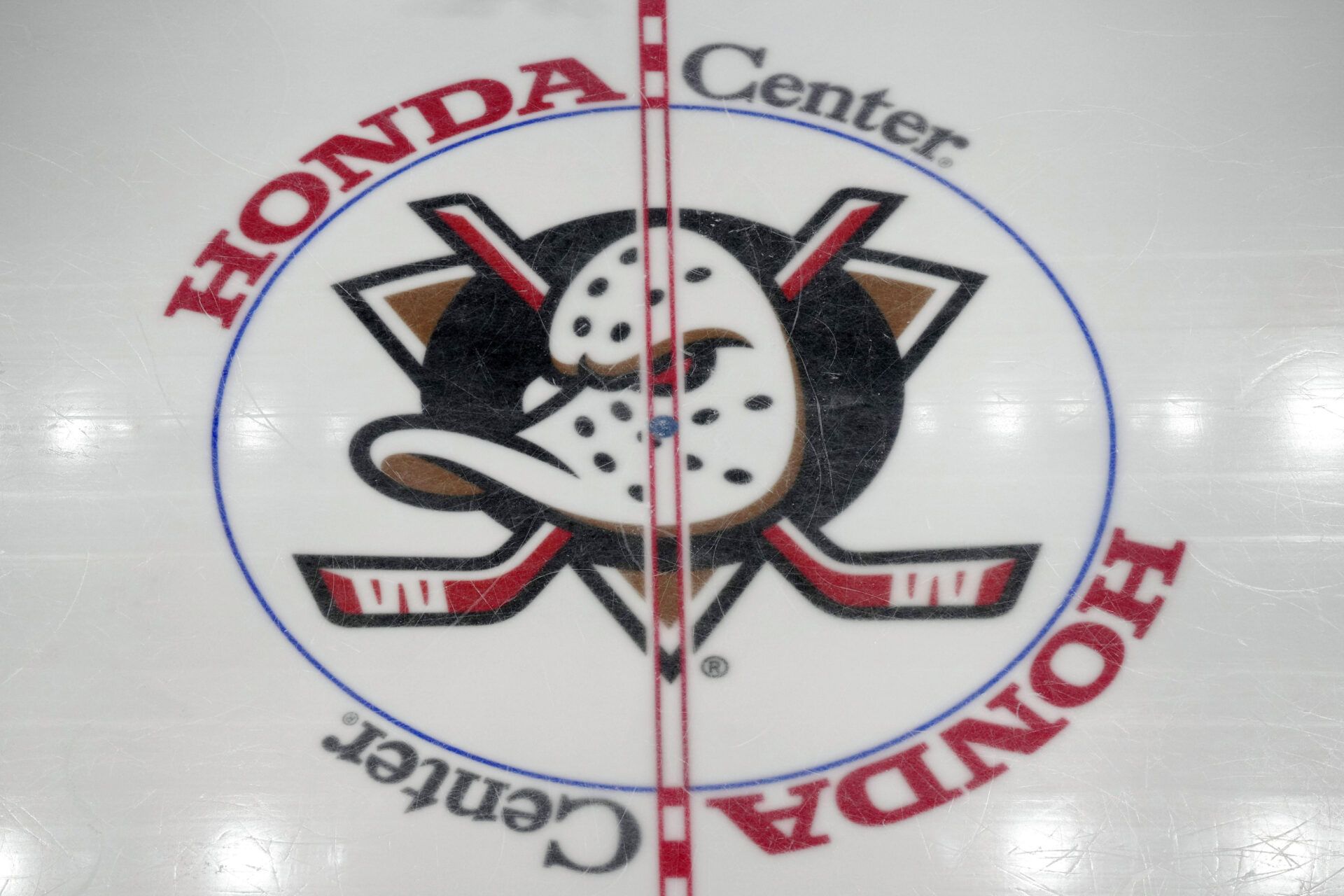 The Anaheim Ducks logo at center ice at Honda Center.