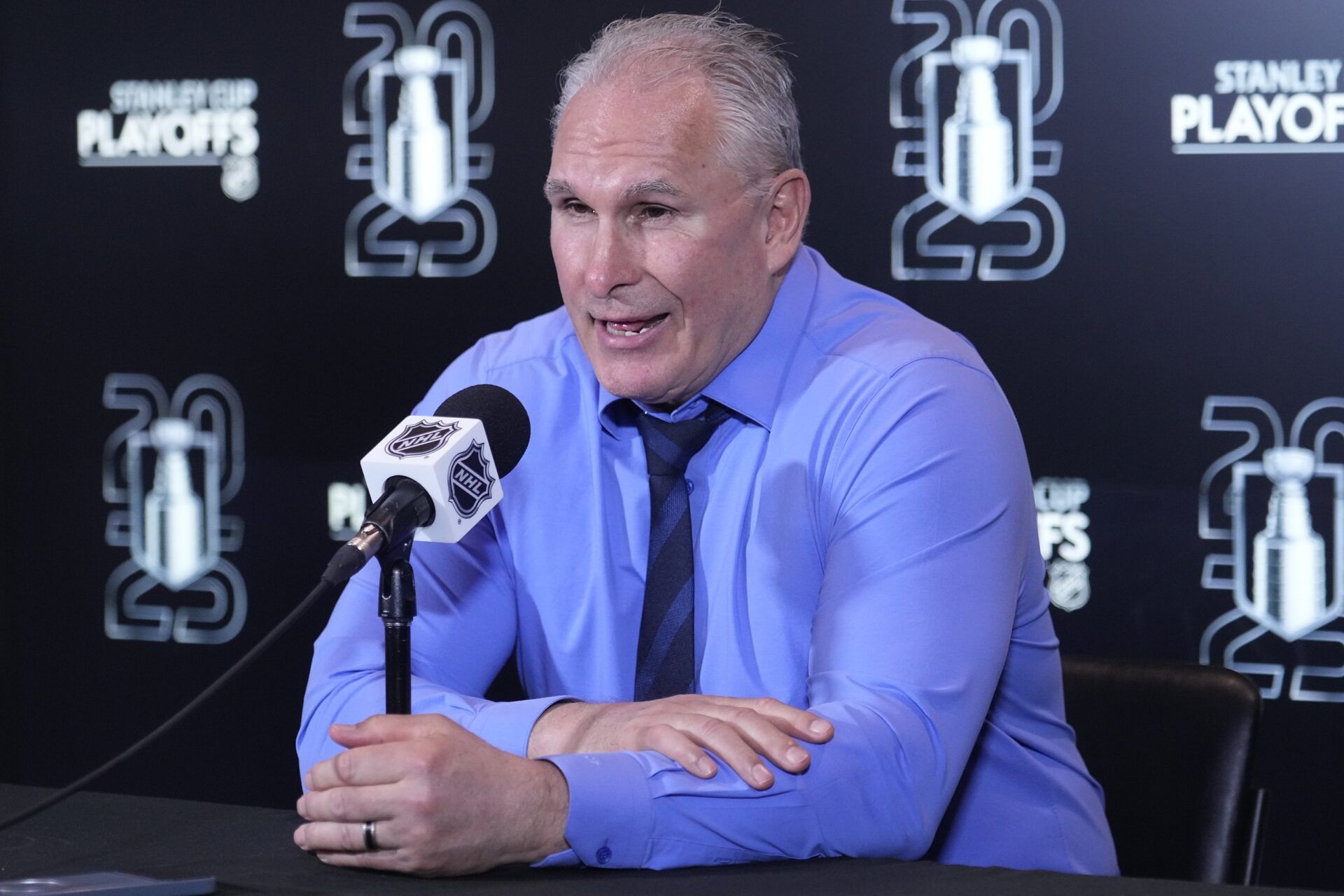 Toronto Maple Leafs head coach Craig Berube during the post game media conference following the game seven loss in the second round of the 2025 Stanley Cup Playoffs against the Florida Panthers at Scotiabank Arena.