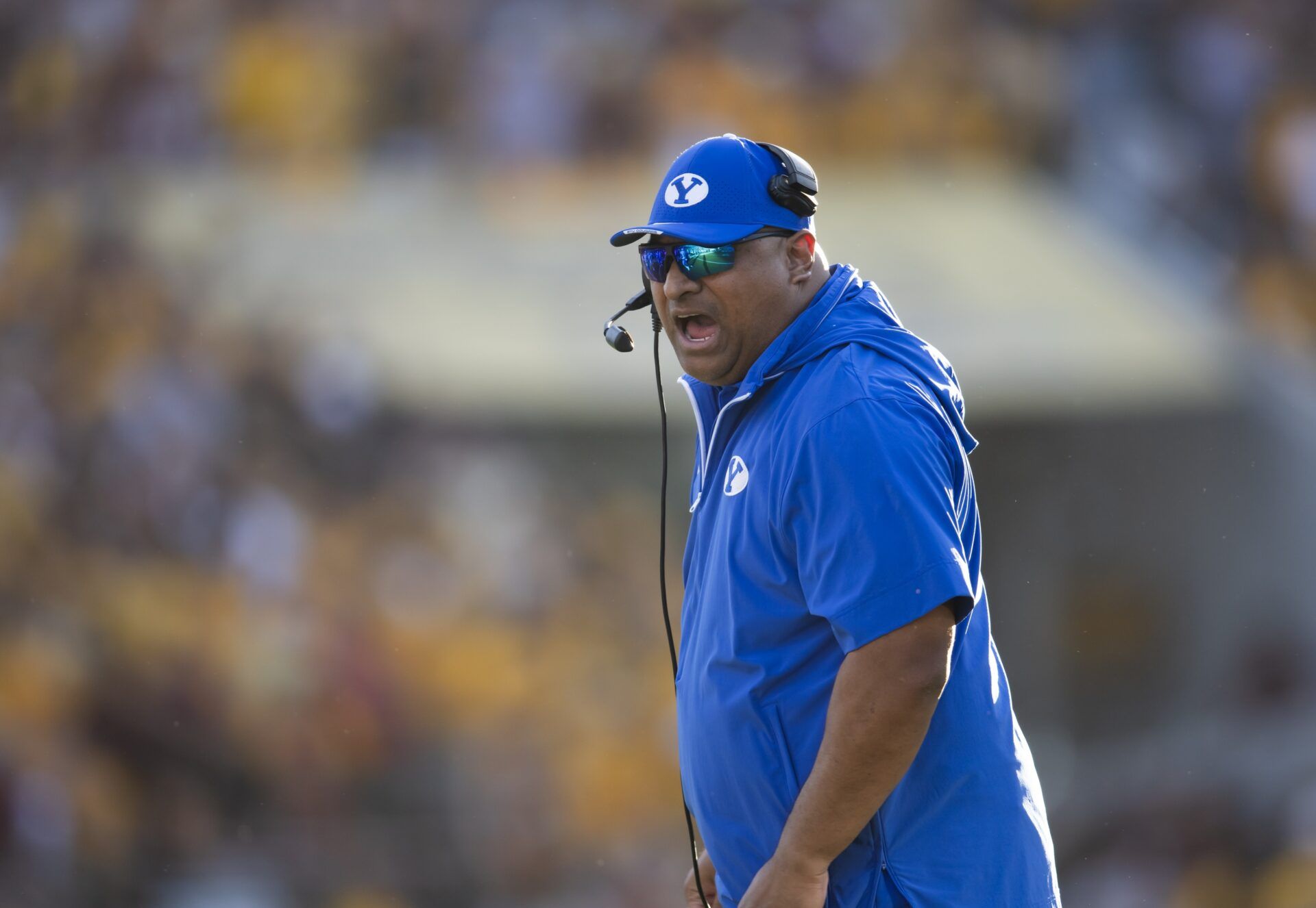 Brigham Young Cougars head coach Kalani Sitake against the Arizona State Sun Devils at Mountain America Stadium.