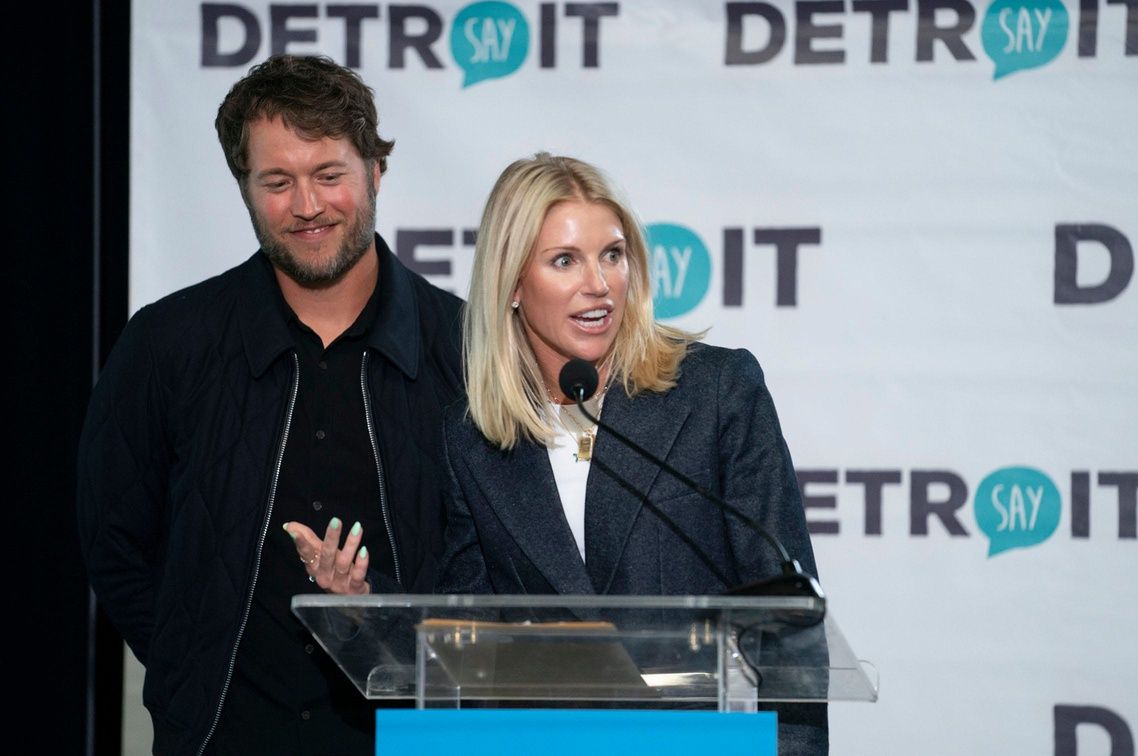 Matthew and Kelly Stafford make remarks before the ribbon cutting for the Kelly and Matthew Stafford and Friends Education Center at the S.A.Y Detroit Play Center in Detroit on Monday, April 1, 2024.