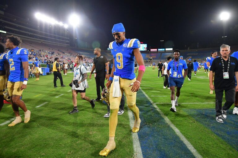 UCLA Bruins quarterback Nico Iamaleava (9) leaves the field following the loss aganst the Utah Utes at Rose Bowl.