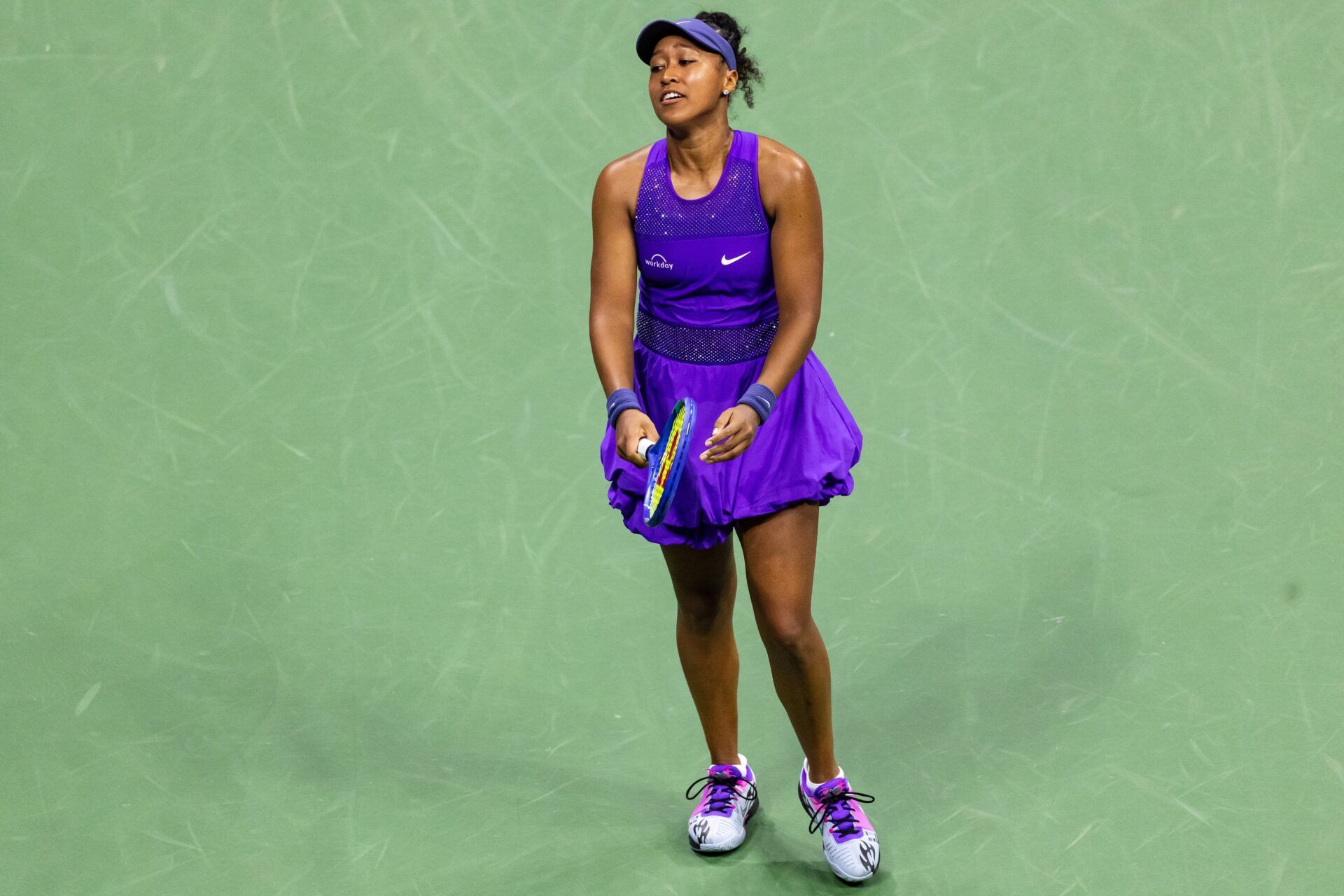 Naomi Osaka of Japan in action against Amanda Anisimova of the United States in the semifinal of the women’s singles at the US Open at Arthur Ashe Stadium in Billie Jean King National Tennis Center.