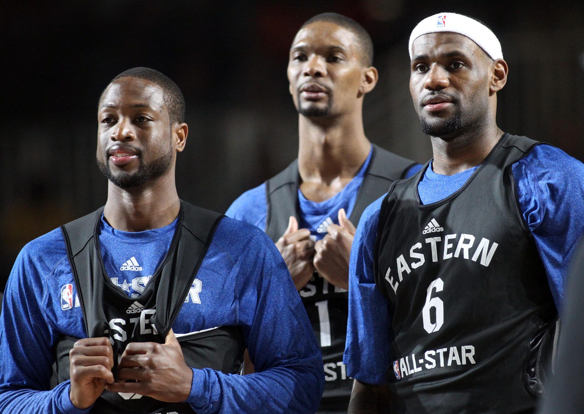 Eastern Conference all-stars players Dwyane Wade (left) , Chris Bosh (middle) and LeBron James (6) of the Miami Heat during practice for the 2013 NBA all star game at the George R. Brown Convention Center.