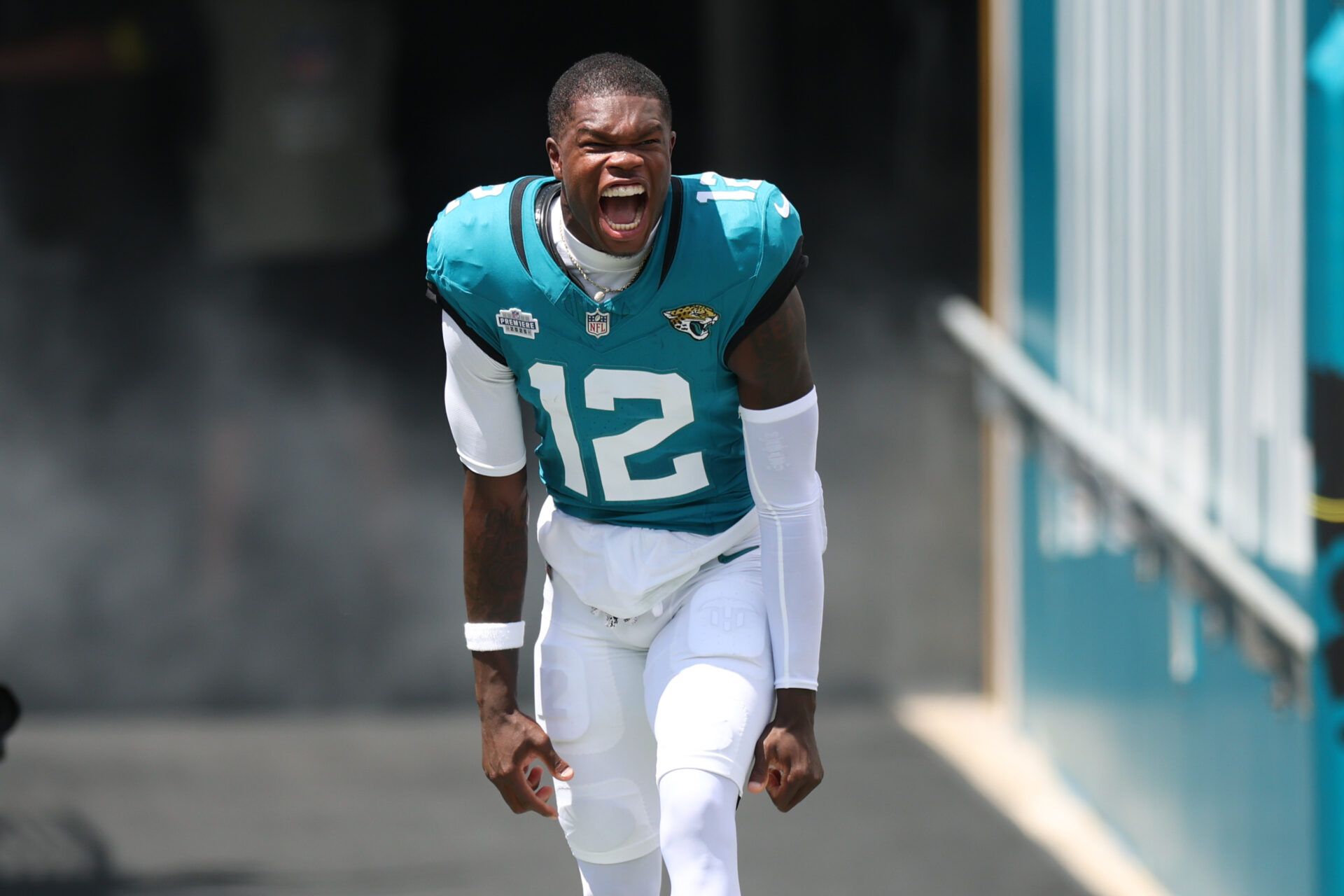 Jacksonville Jaguars wide receiver Travis Hunter (12) takes the field prior to a game against the Carolina Panthers at EverBank Stadium.